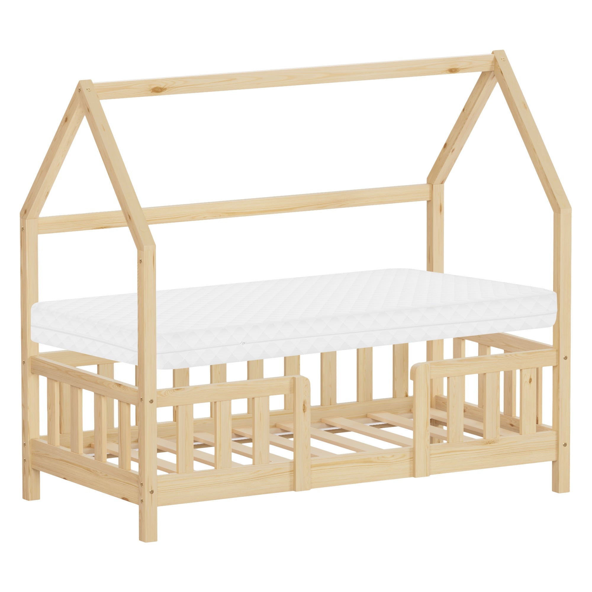 Holz-Kinderbett mit Dachkonstruktion und Matratze, ohne weitere Dekoration.