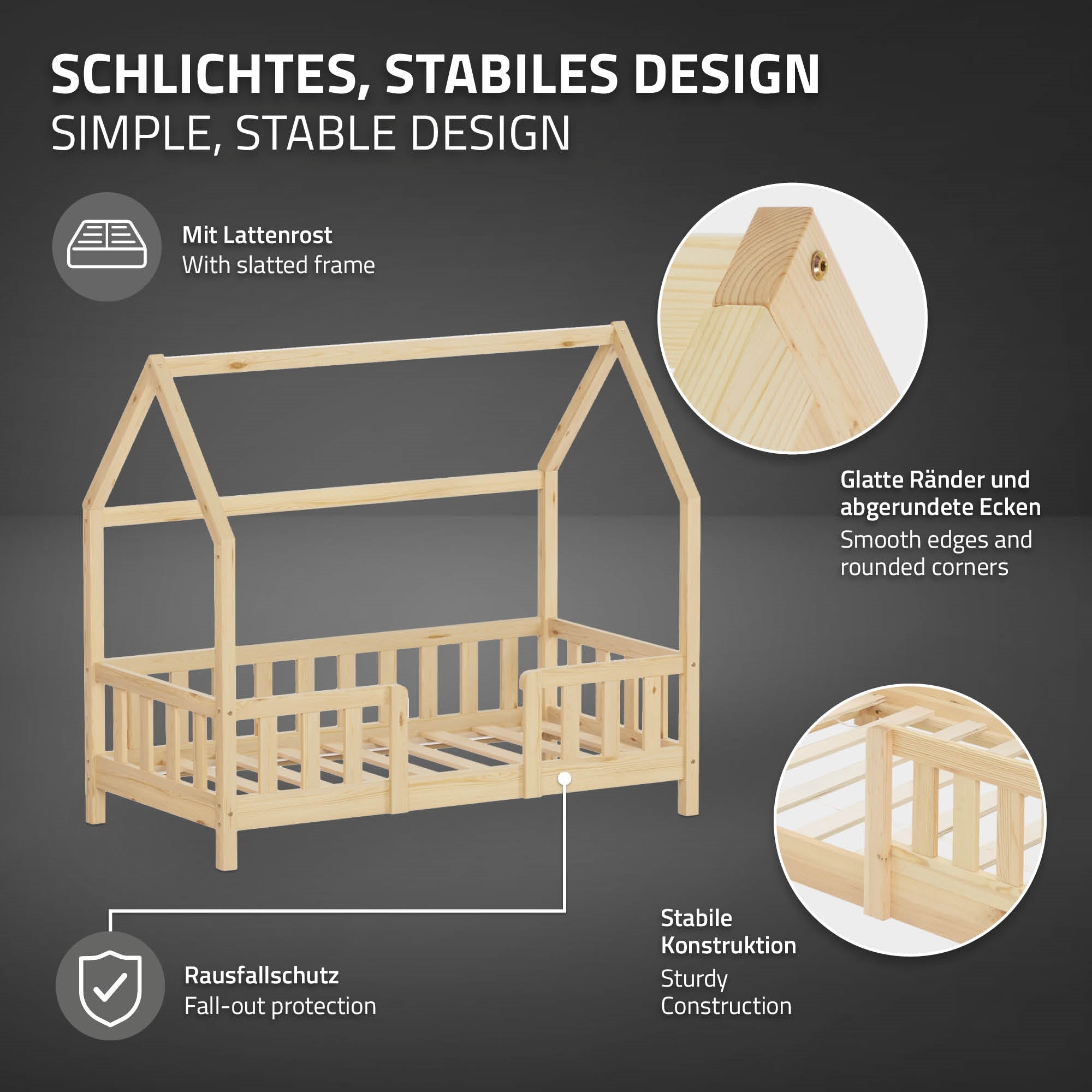 Wooden bed with sloping roof and sturdy construction.
