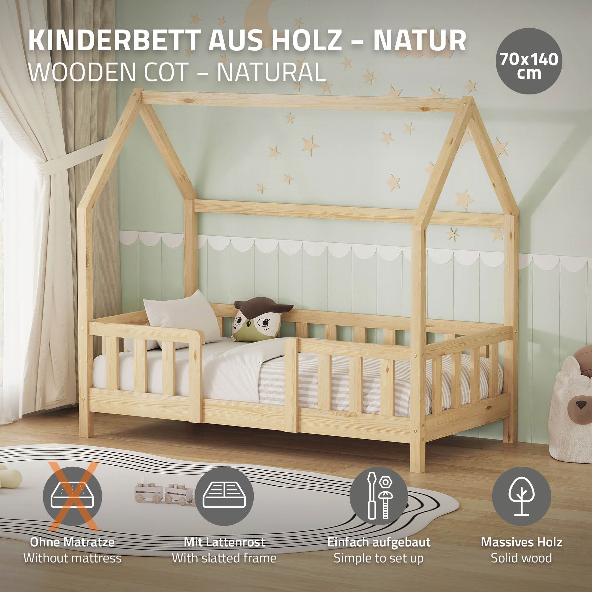 Wooden children's bed in natural color with mattress, slatted frame, and decoration.
