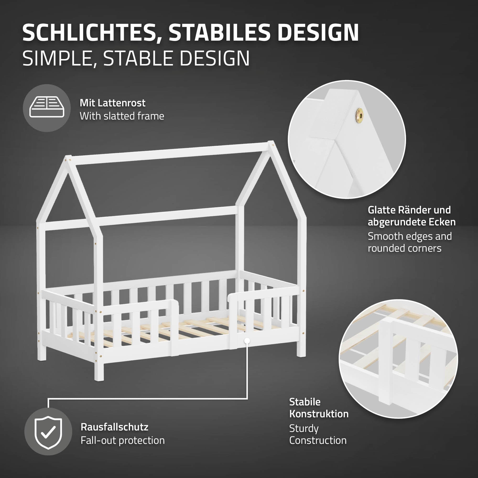 Weißes Kinderbett mit stabiler Konstruktion und Rausfallschutz.
