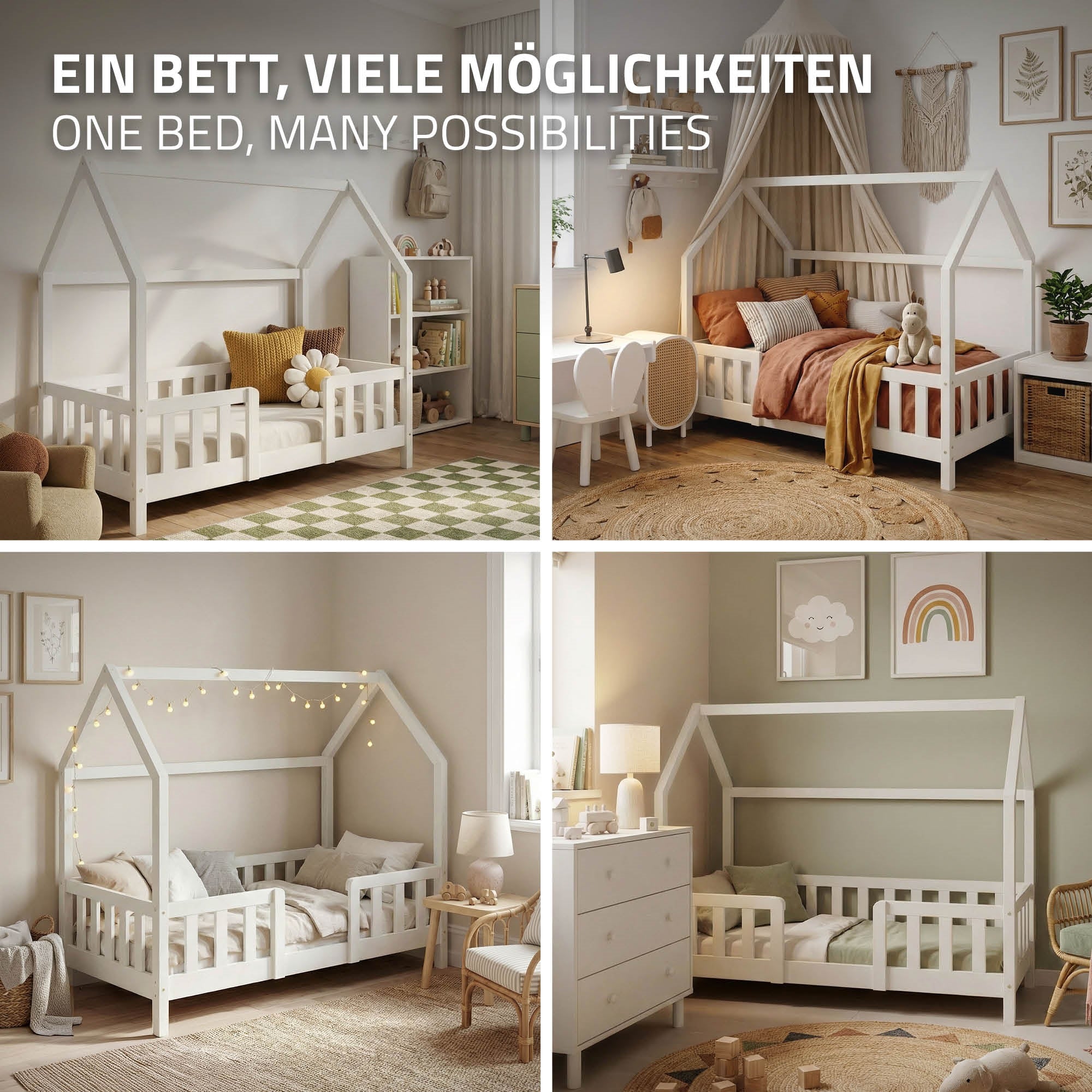 Vier Bilder eines Bettes in verschiedenen Einrichtungsstilen und Farben.