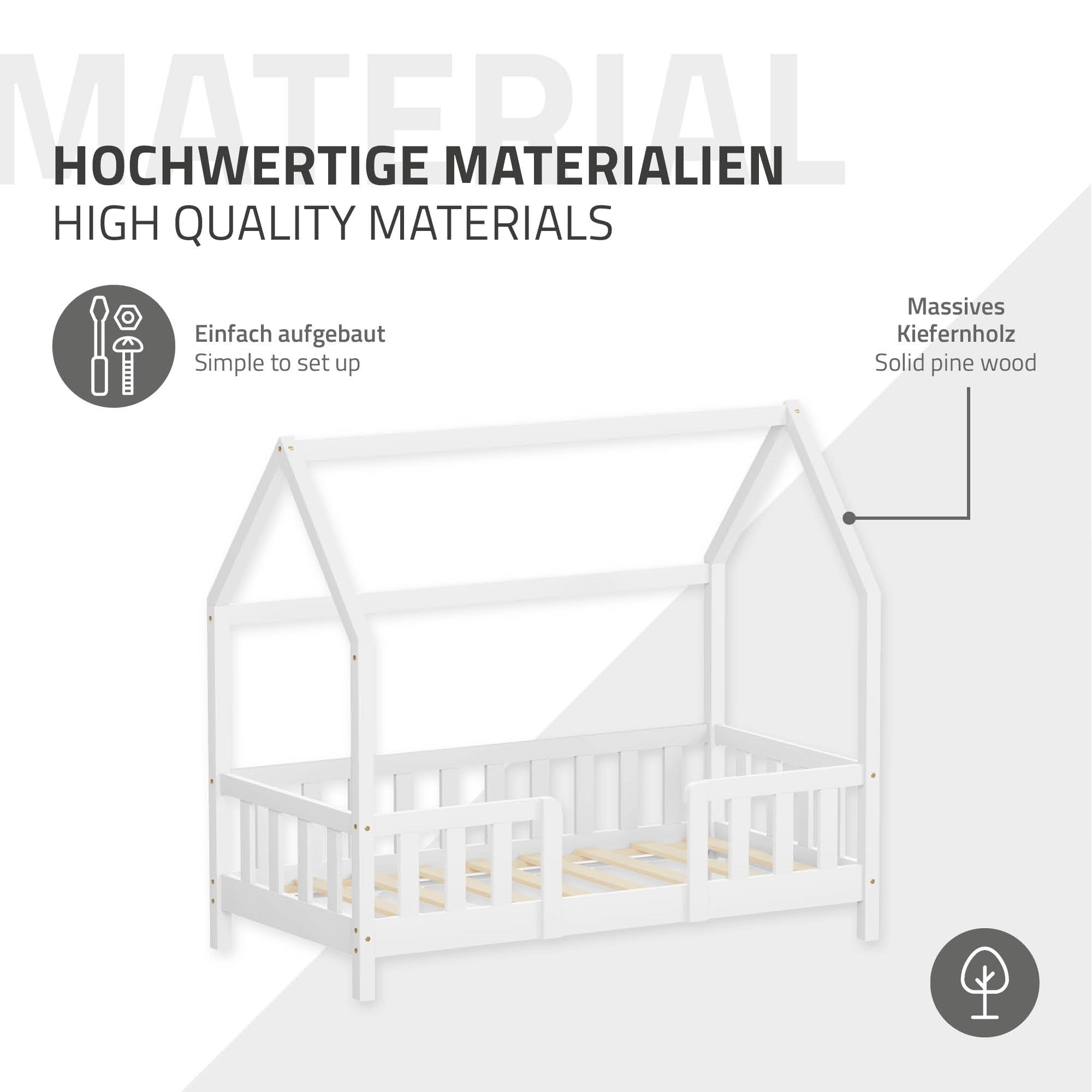 Bett aus massivem Kiefernholz mit Hausform und seitlichen Gitterstäben.