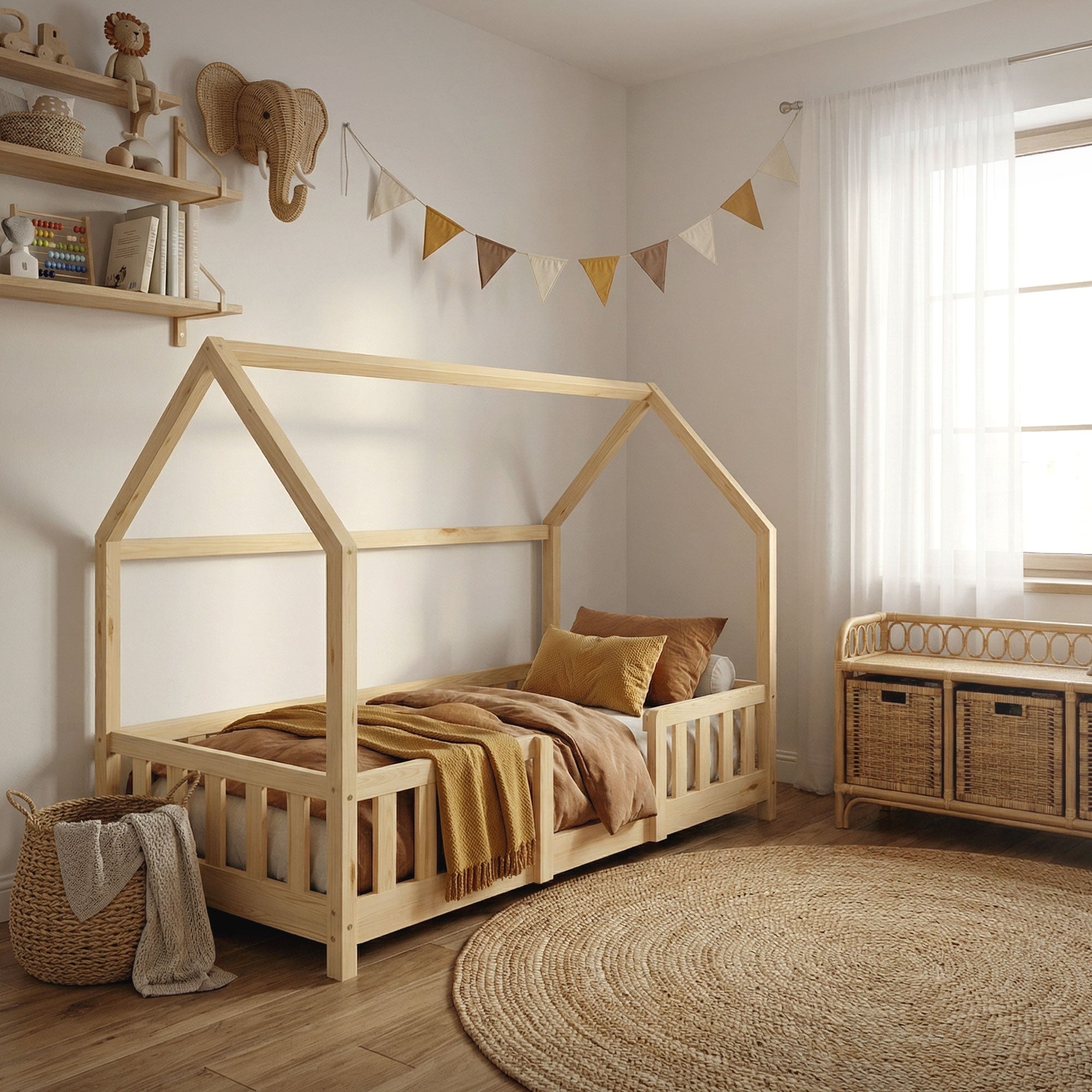 Una habitación infantil con una cuna de madera, almohadas y un ambiente acogedor.