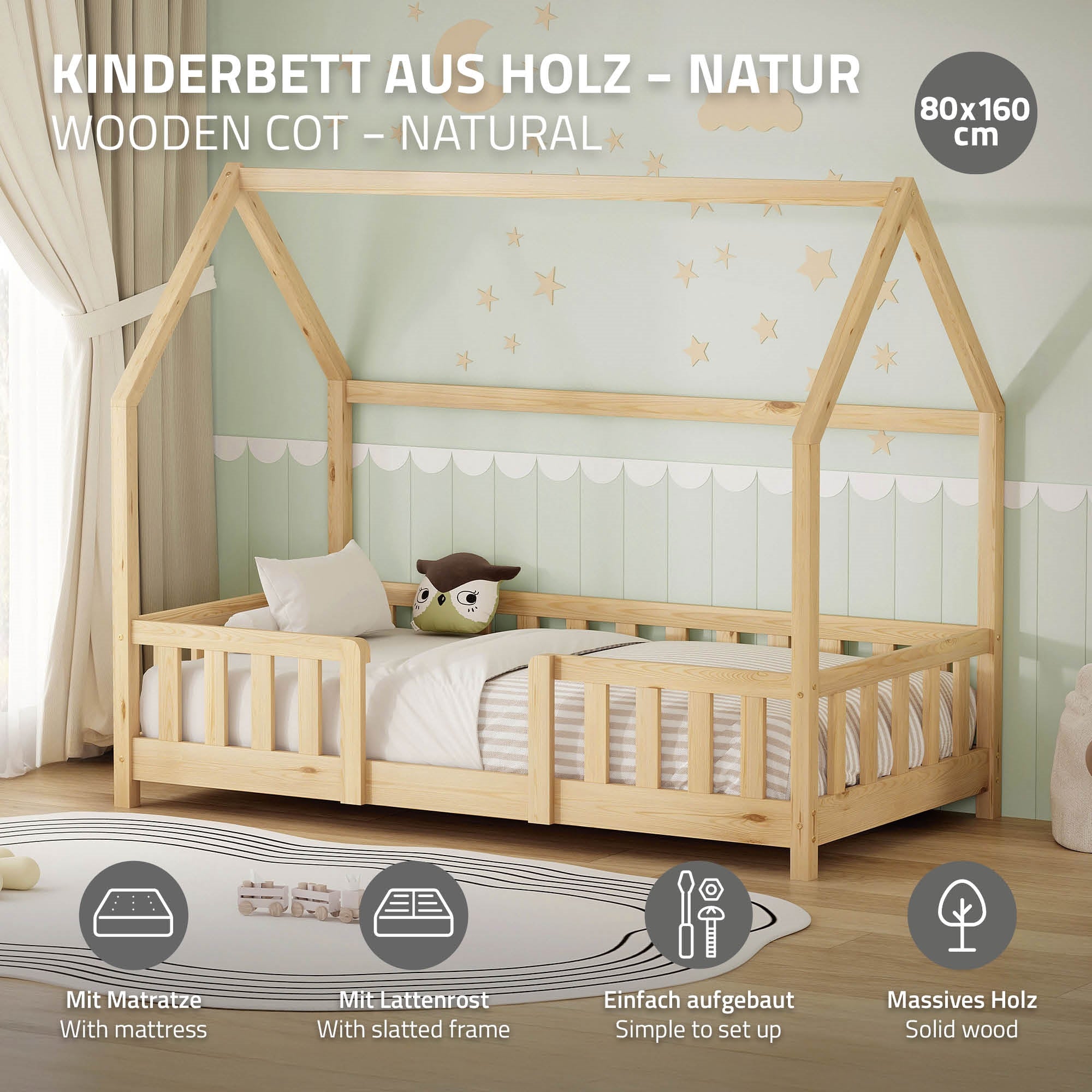 Letto per bambini in legno con materasso e sbarre laterali.