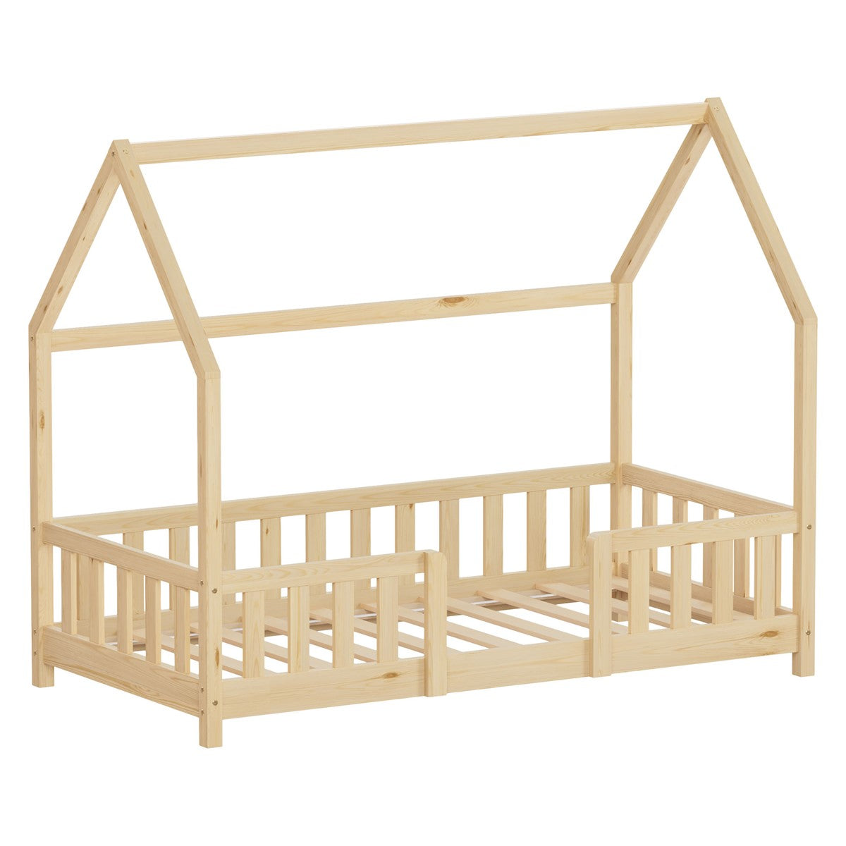 Holz-Kinderbett in Form eines Hauses ohne Matratze.