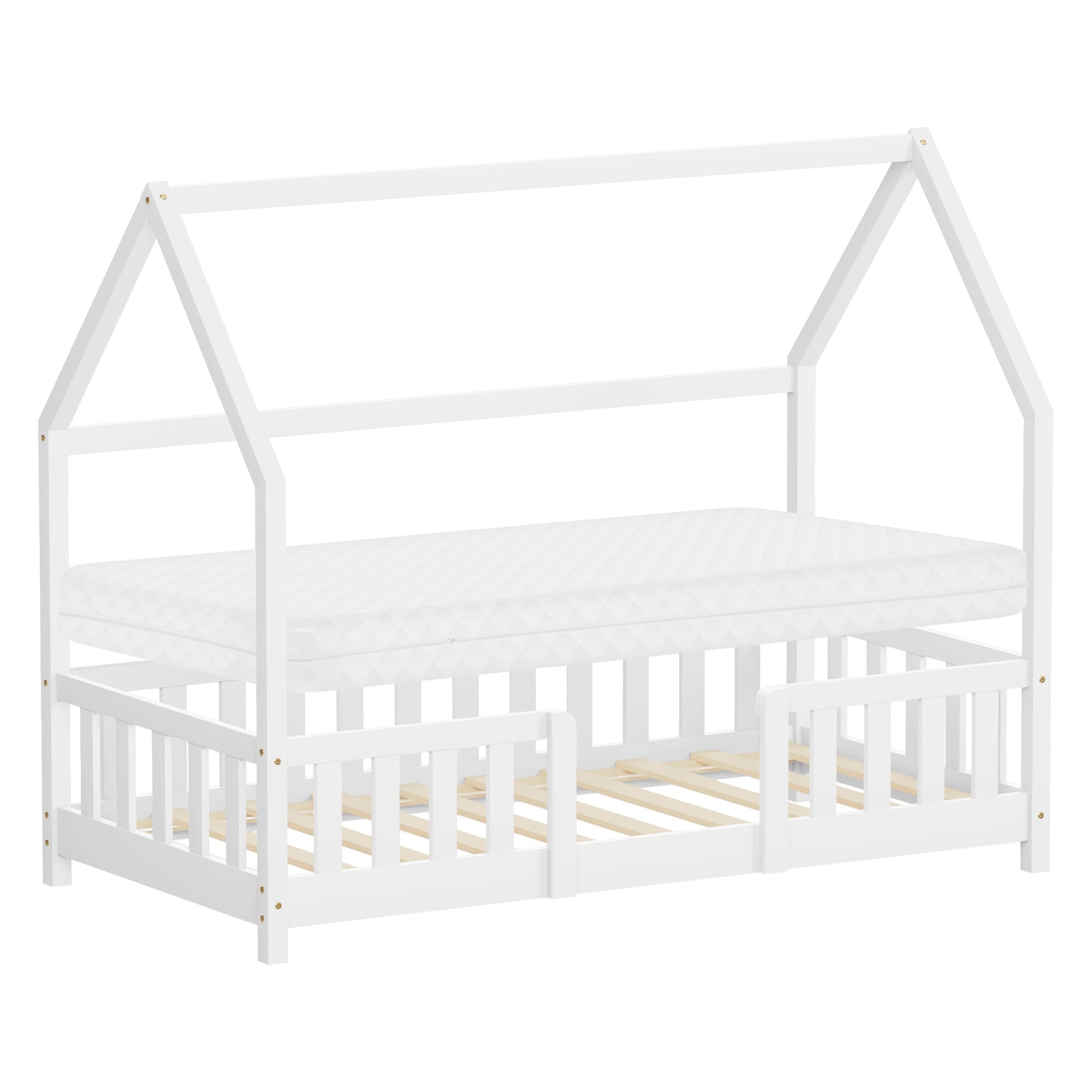 Ein einfaches, weißes Bett mit einem Matratzenauflage.
