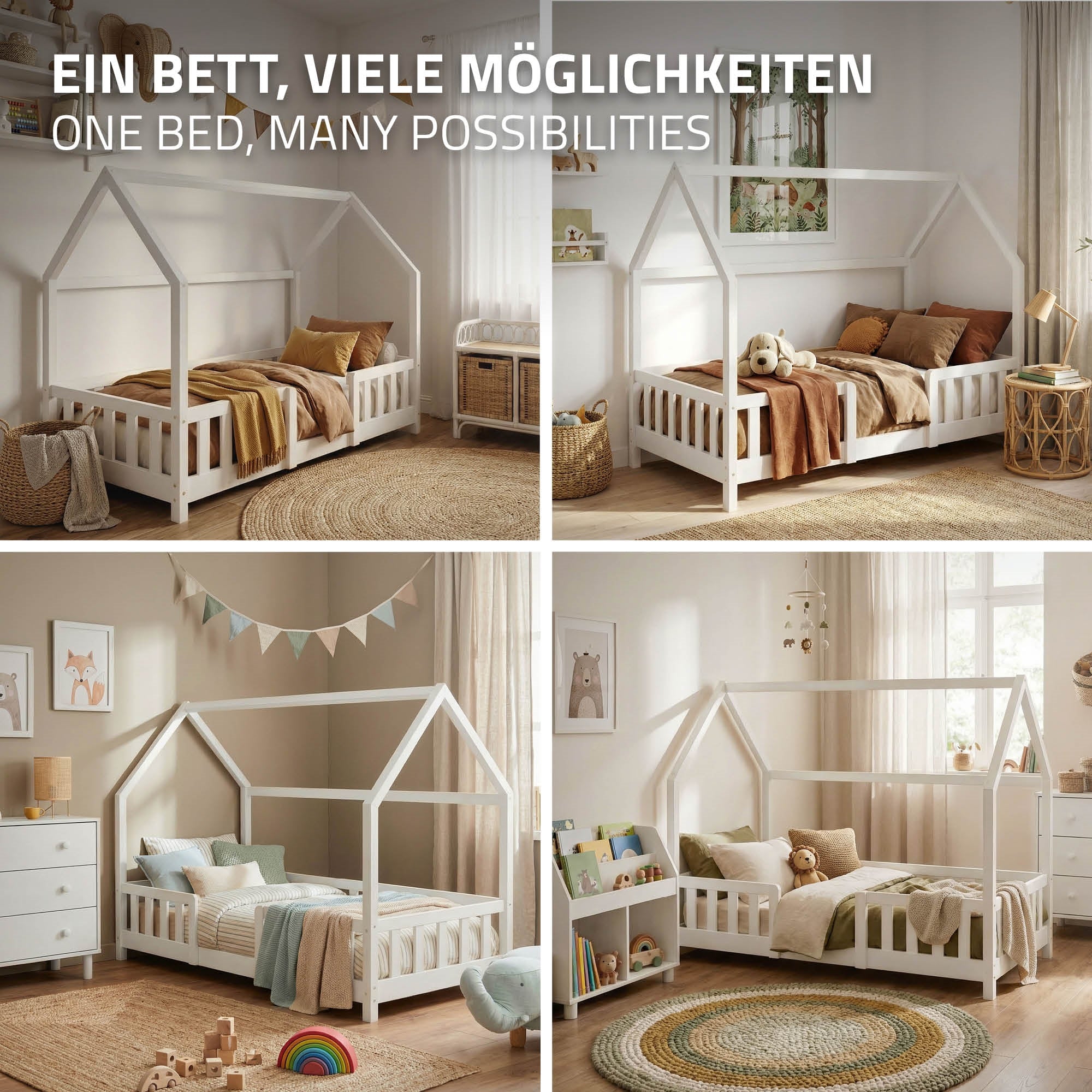Quatre vues d'un lit en bois en forme de maison, avec différentes décorations.