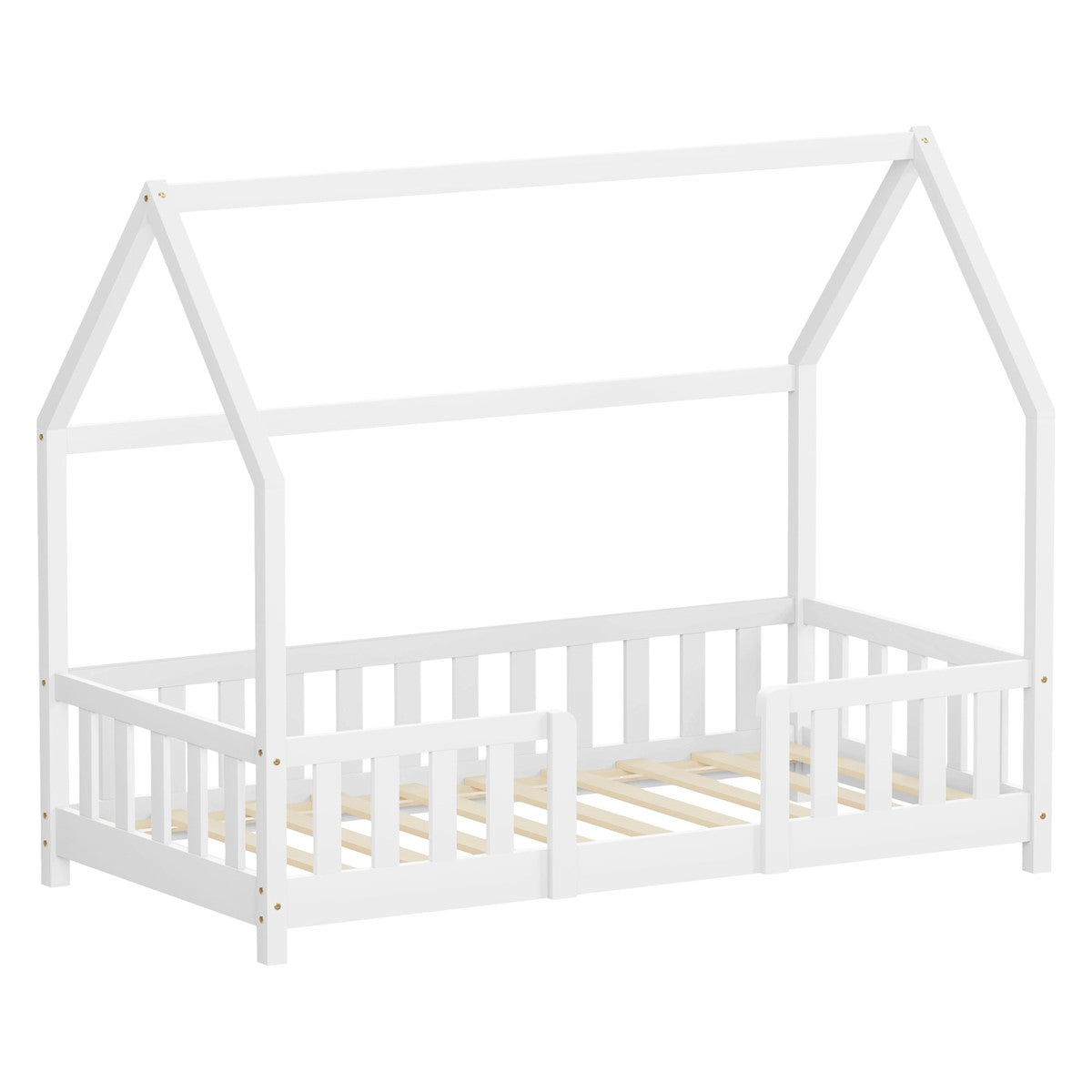 Weißes Kinderbett in Hausform mit offenem Design.