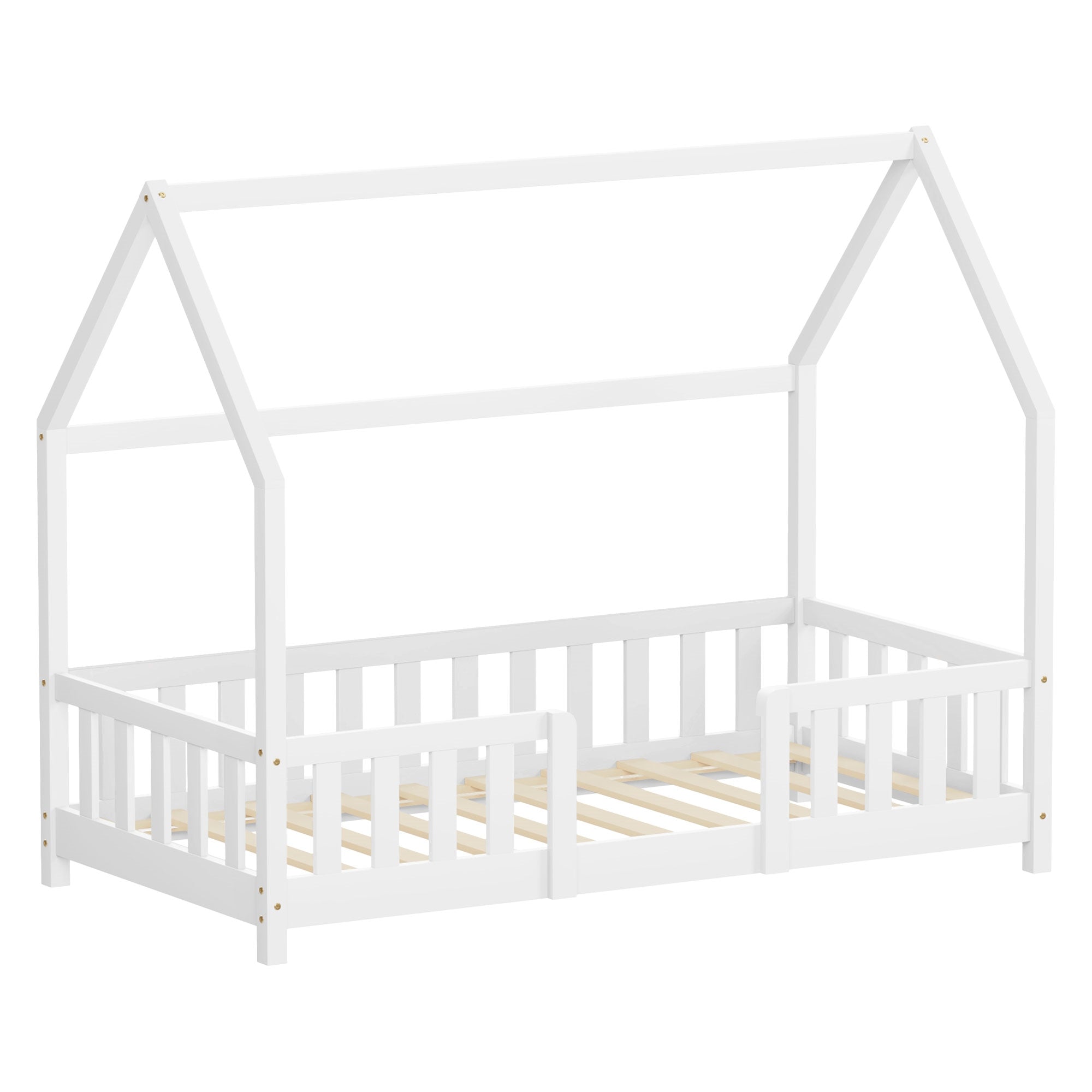 Weißes Kinderbett in Hausform mit offenem Design.