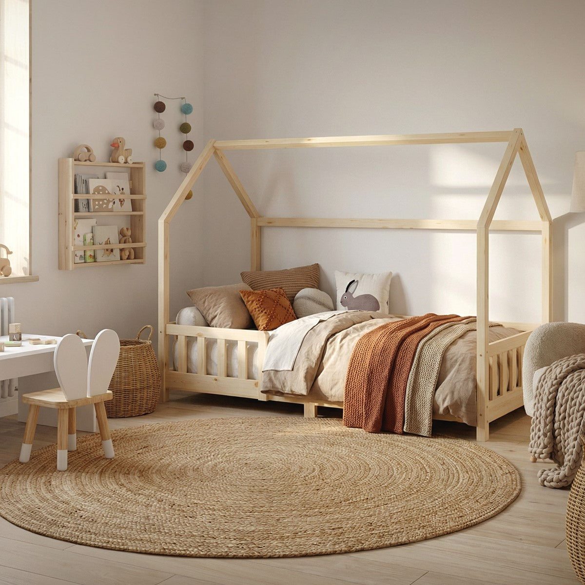 Kinderzimmer mit hellem Holz-Hausbett, cremefarbenen und braunen Textilien sowie rundem Juteteppich.