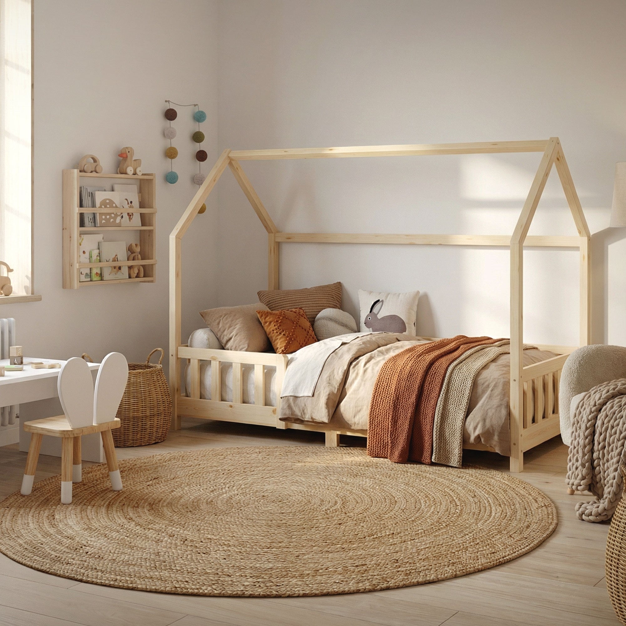 Ein helles Kinderzimmer mit einem Bett und einem runden Teppich.