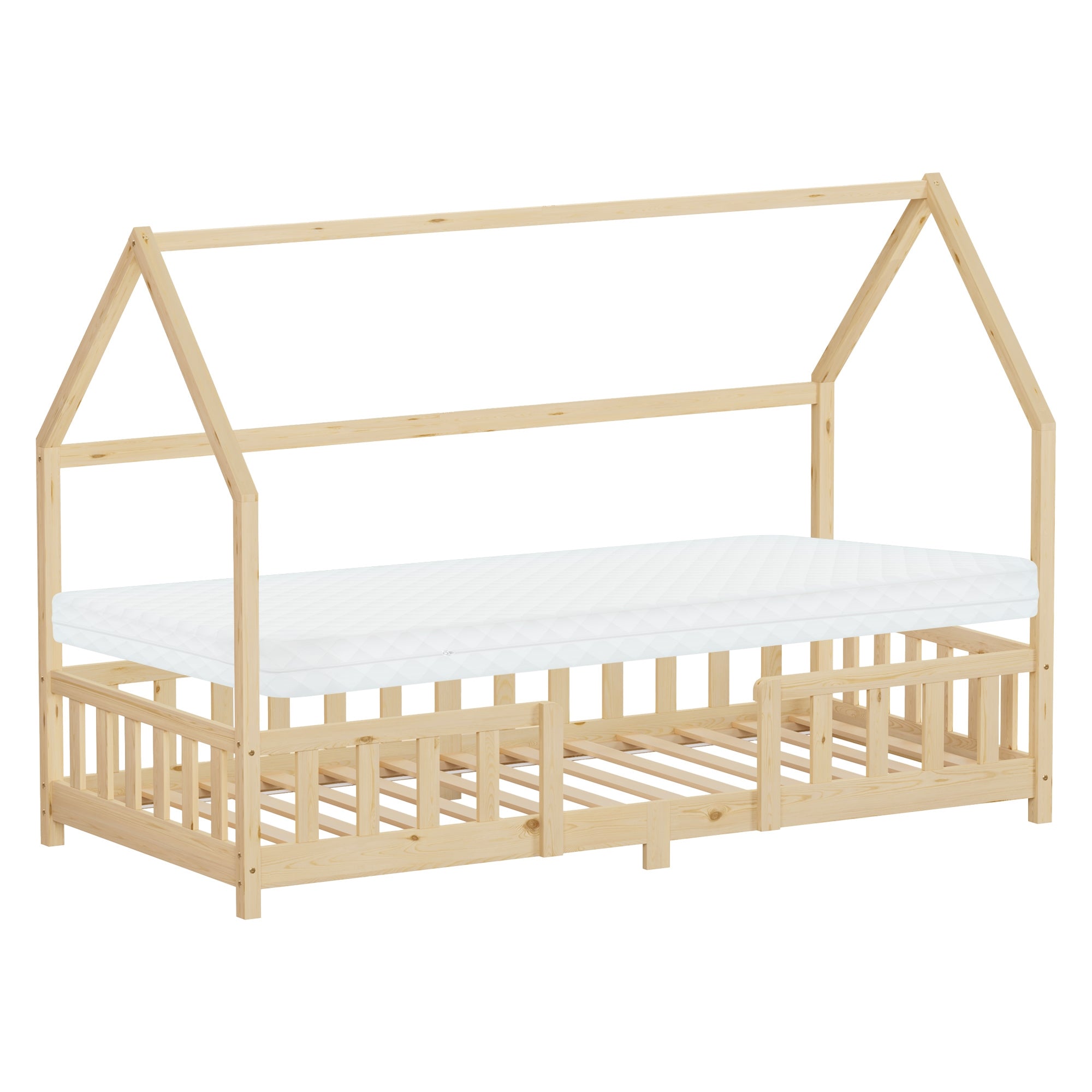 Wooden bed in house shape with mattress, without bedding, on light floor.