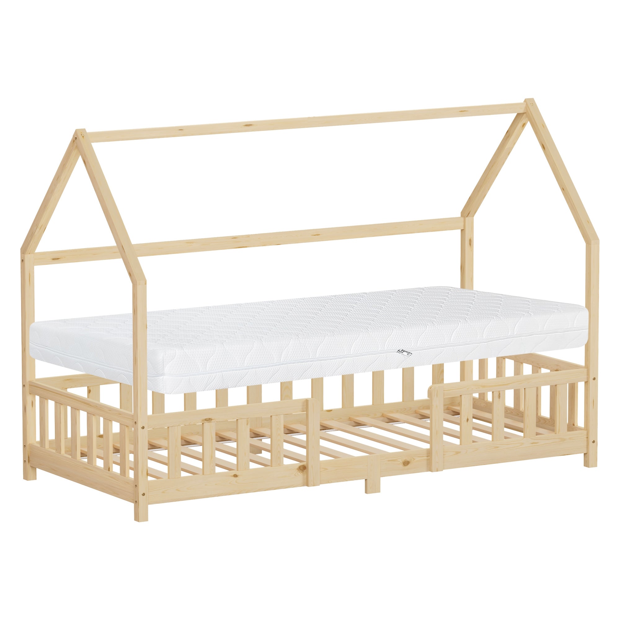 Wooden bed in house shape with mattress, side railing, and open slatted frame.
