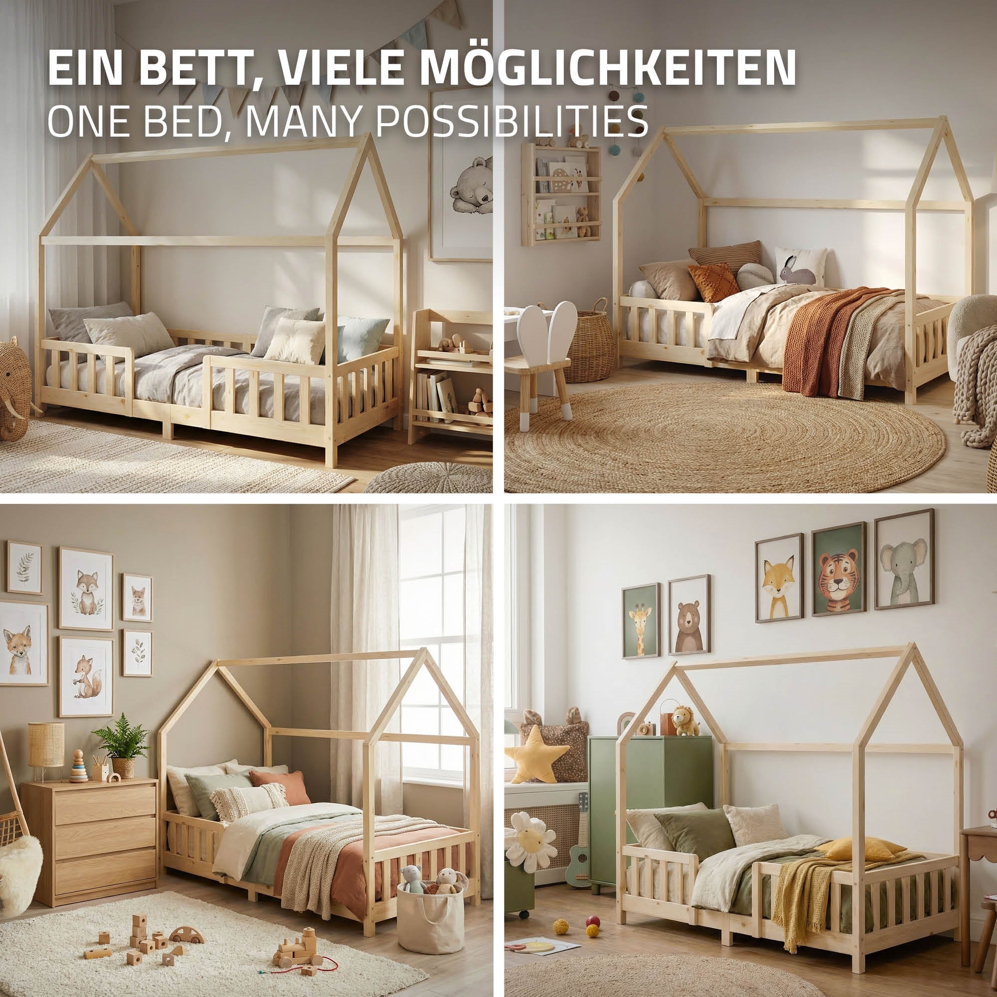 Vier Bilder eines Kinderbetts in verschiedenen Einrichtungsstilen.