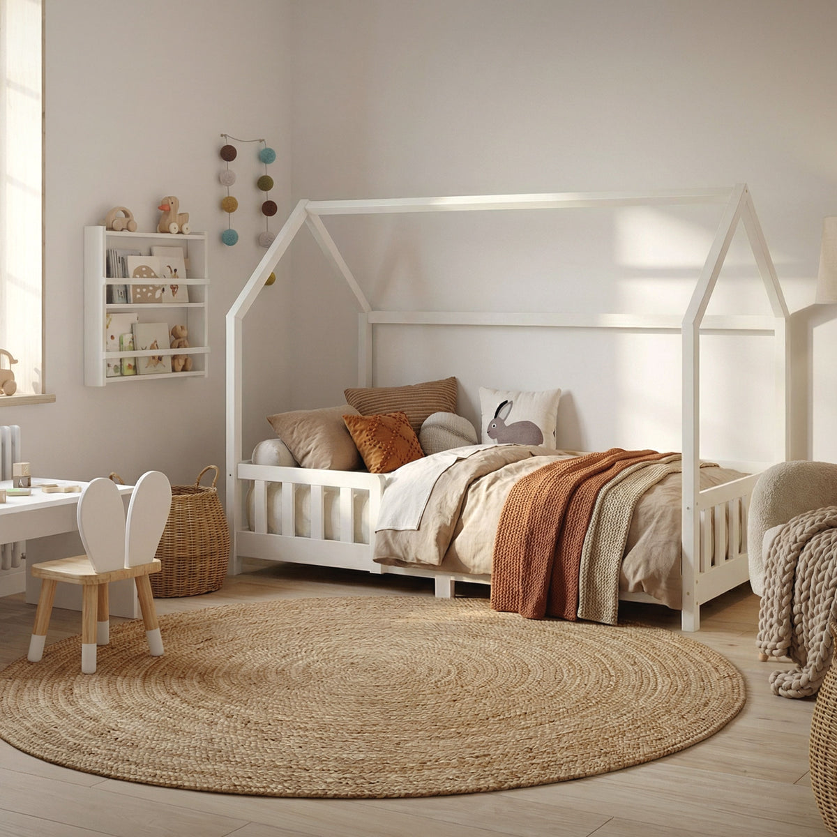 Ein weißes Bett in einem gemütlichen Raum mit Teppich und Spielzeug.