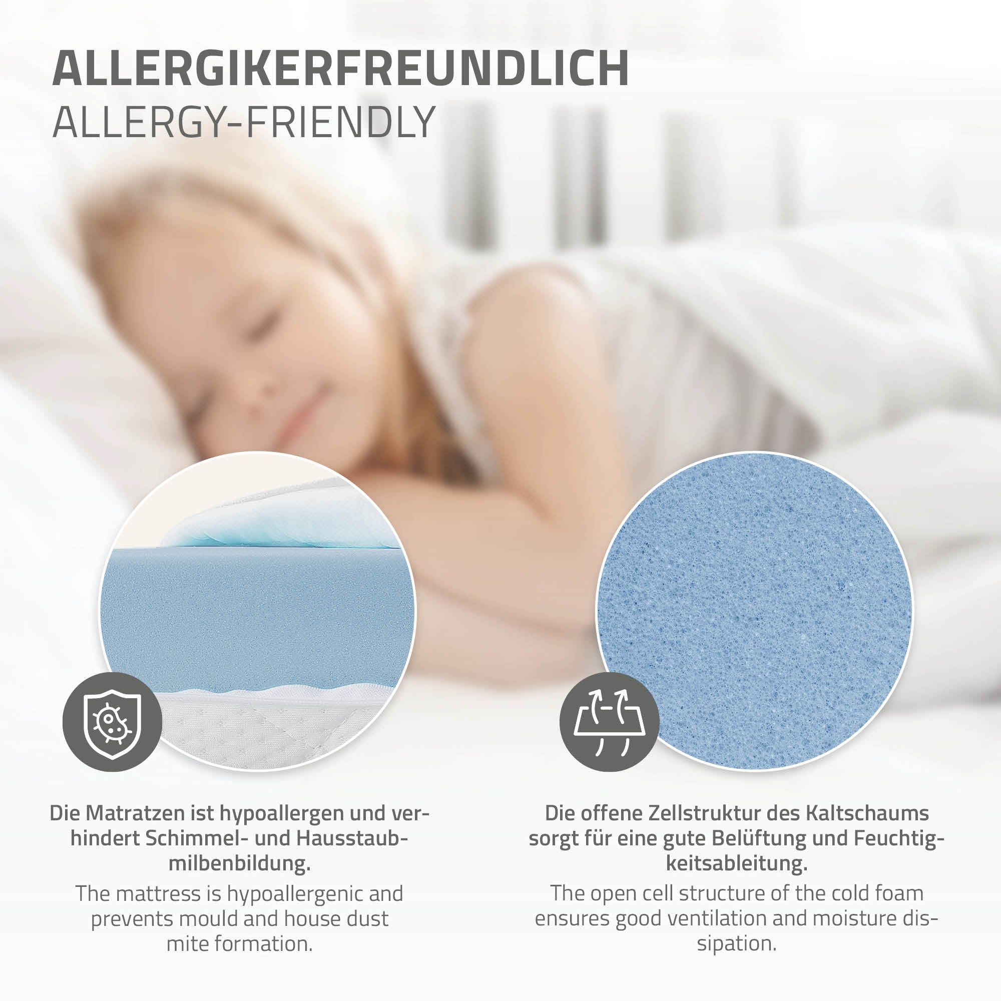 Matratze mit hypoallergenen Eigenschaften und offener Zellstruktur.