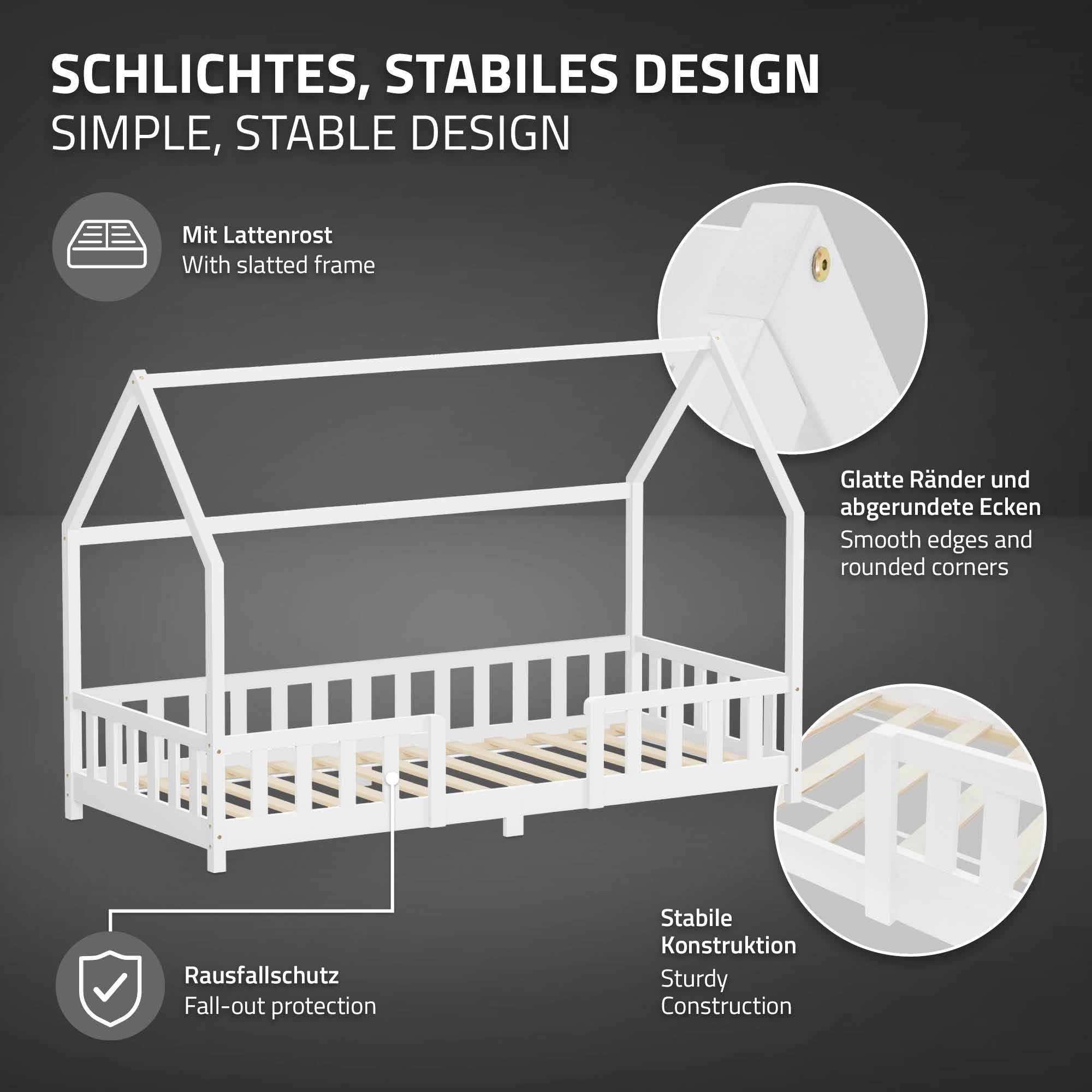Grafik mit Beschreibung eines stabilen Kinderbetts mit slatted frame.