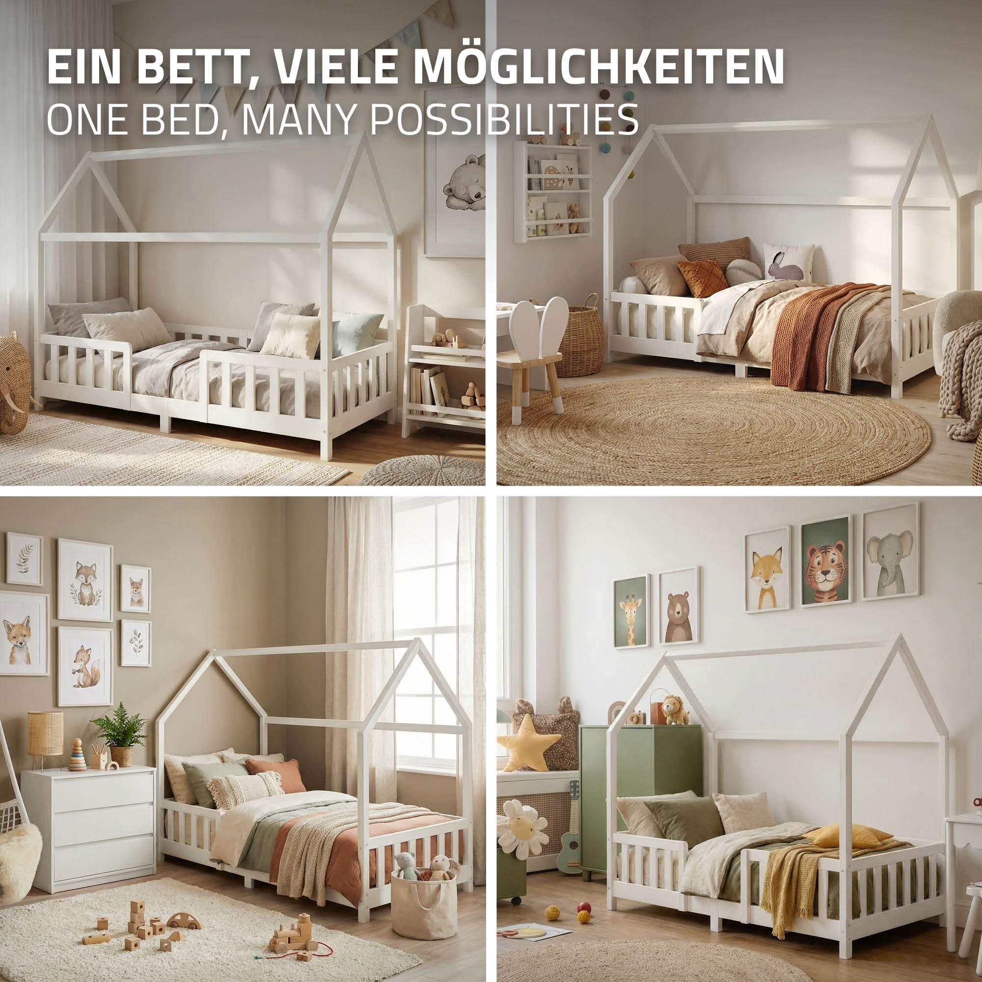 Verschiedene Ansichten eines weißen Bettes in einem hellen Raum.