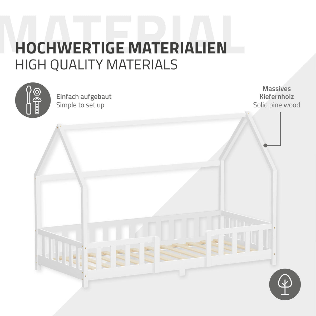 Holz-Kinderbett mit Dach, einfache Montage, aus massivem Kiefernholz.
