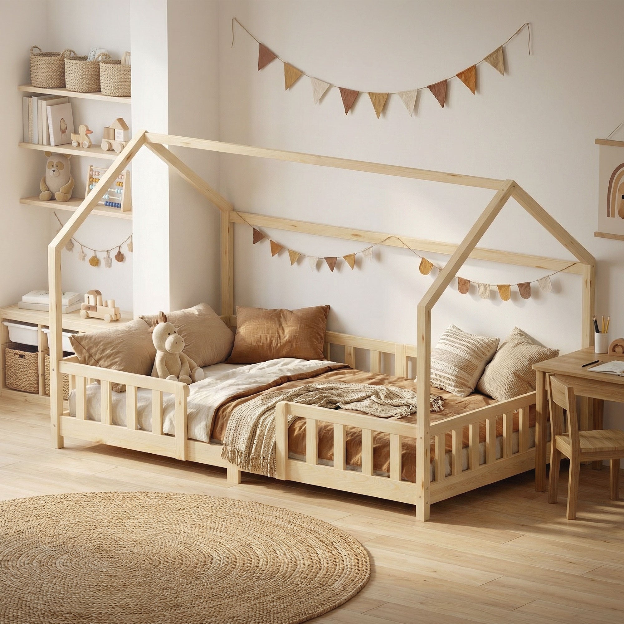 Ein Kinderzimmer mit einem Bett im Hausdesign und dekorativen Elementen.