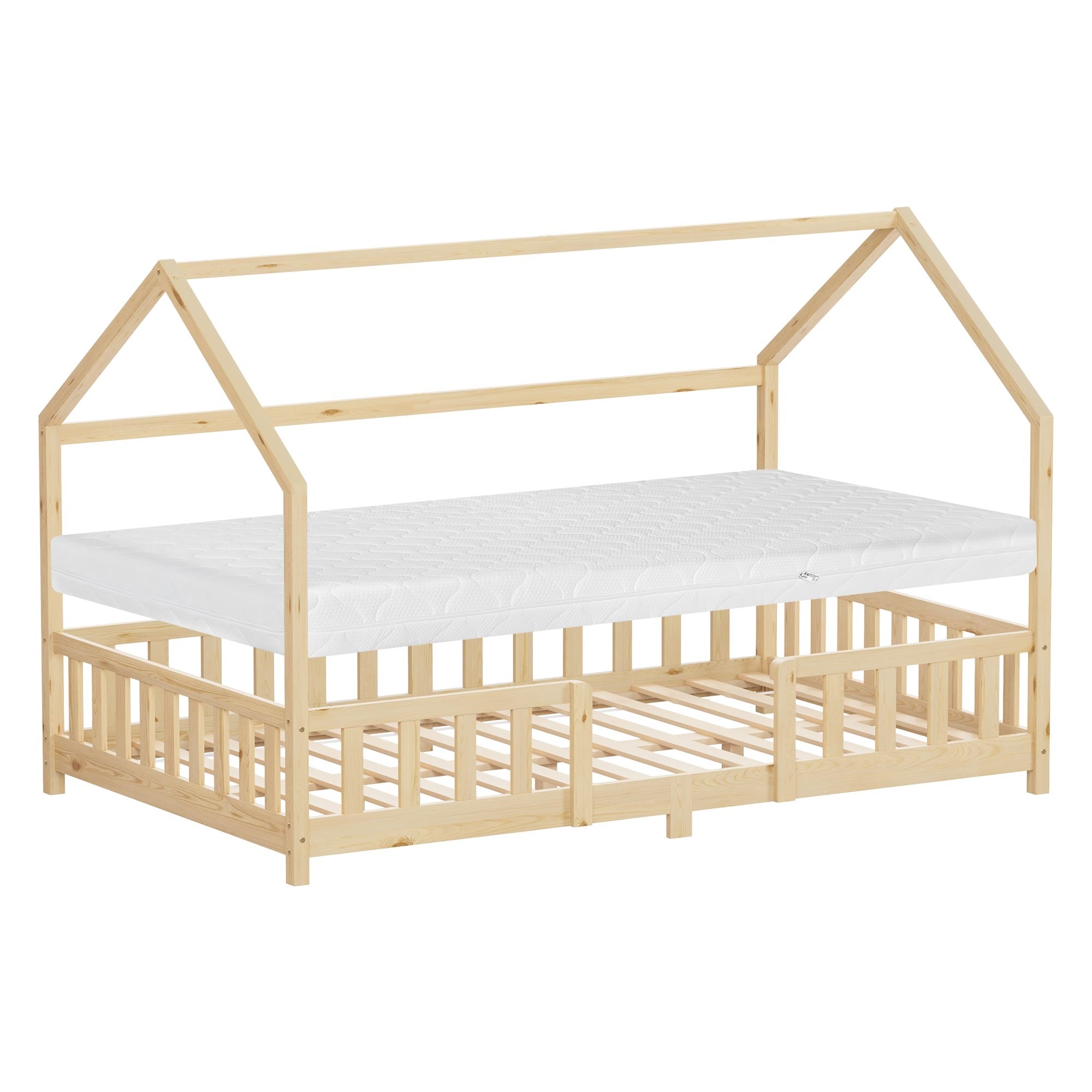 Wooden house-shaped bed with mattress, without bedding, on a white background.