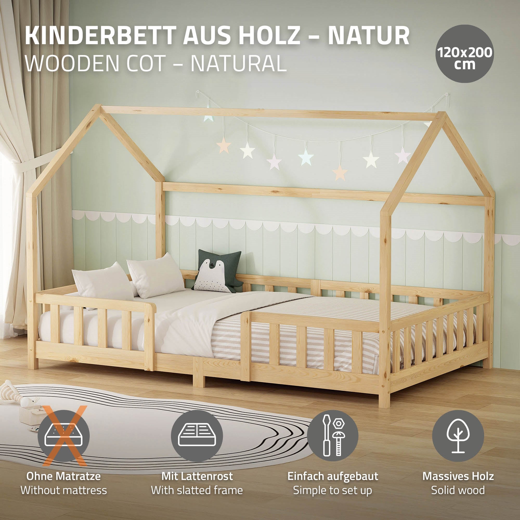 Holz-Kinderbett in Naturfarbe, mit Lichterkette und ohne Matratze.