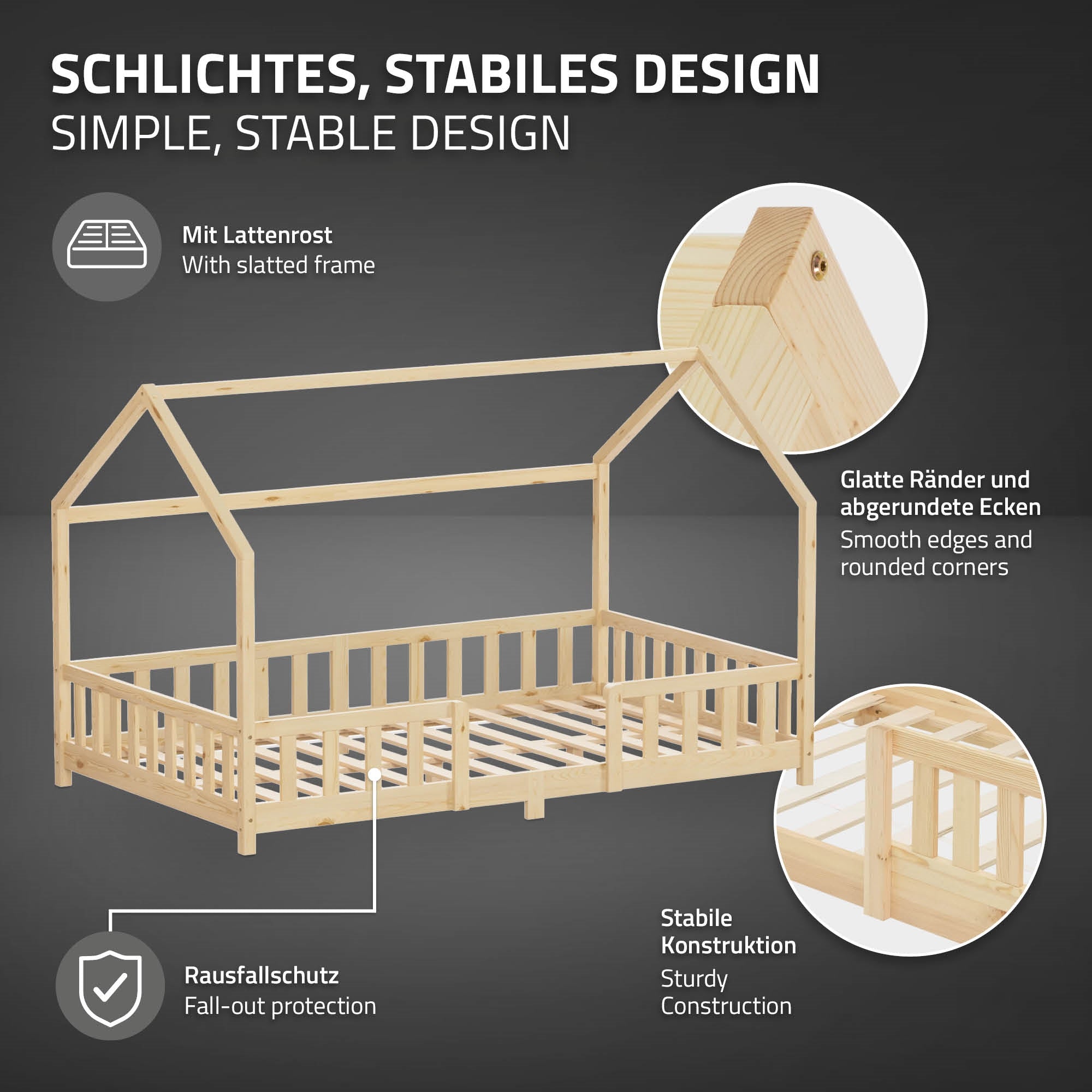 Holzgestell eines Bettes mit schrägem Dach und stabilen Kanten.