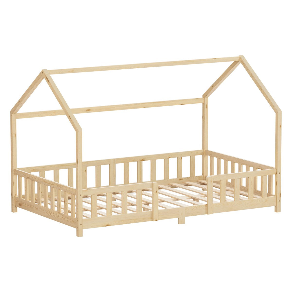 Holzbett mit Hausdach, seitliche Gitter und Lattenrost.