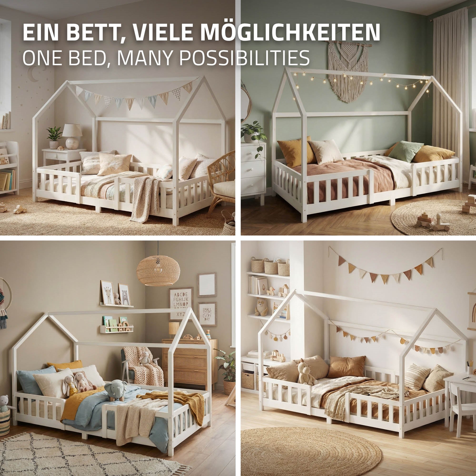 Cuatro imágenes de camas en diferentes diseños y colores en una habitación infantil.