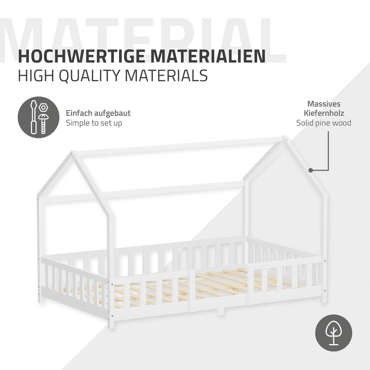 Grafik mit Informationen zu hochwertigen Materialien, massives Kiefernholz.