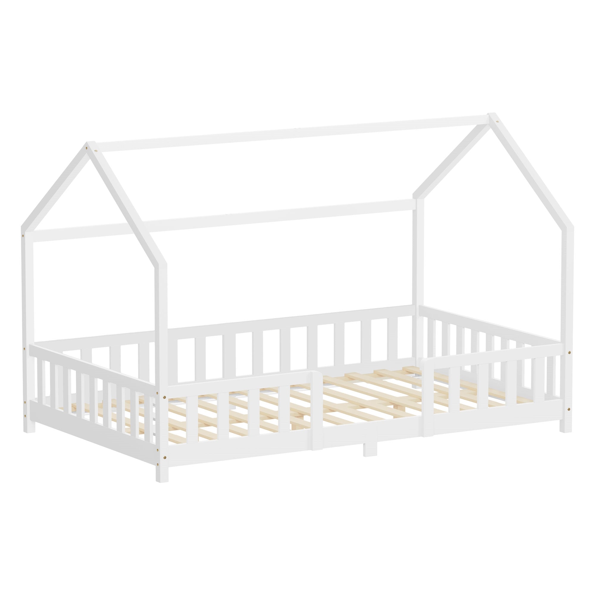 Ein weißes Bett in Hausform mit einem offenen Rahmen und Holzlatten.