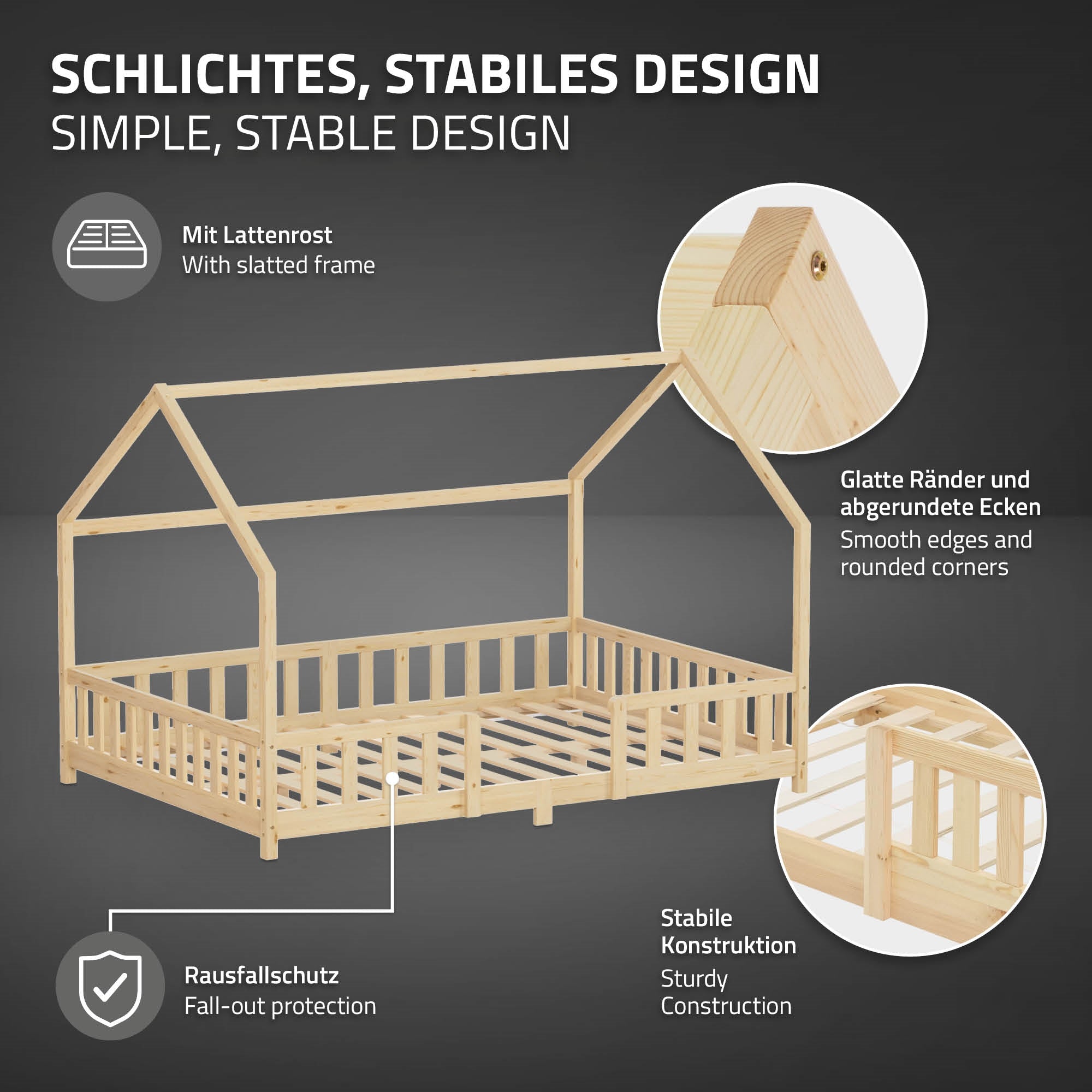 Letto con struttura in legno a forma di tetto e rete a doghe.