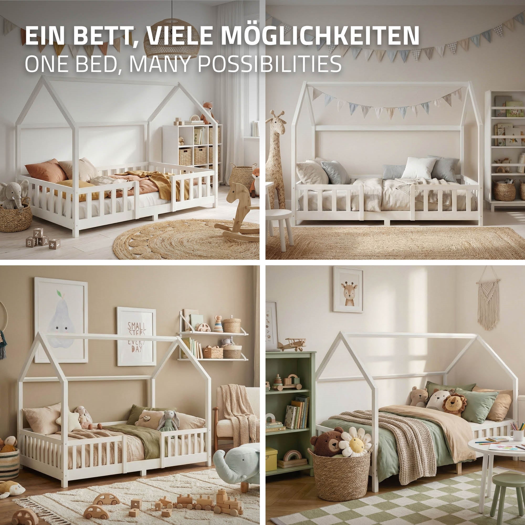 Vier Bilder von Betten in verschiedenen Designs und Farben in einem Kinderzimmer.