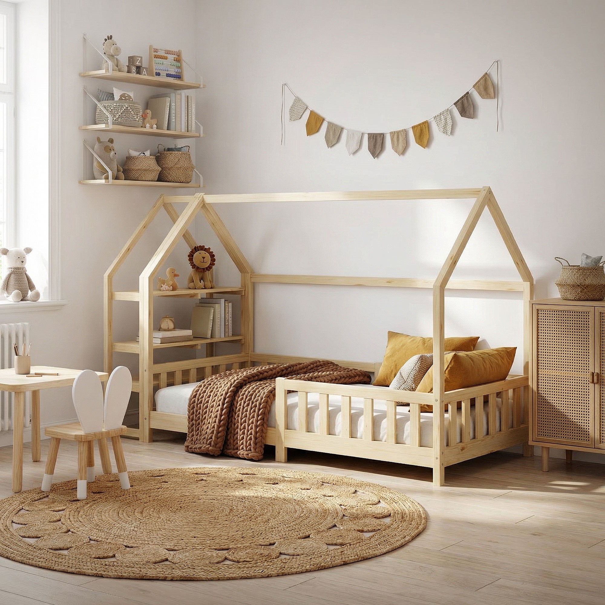 Ein Kinderzimmer mit einem Holzhausbett und einem runden Teppich.