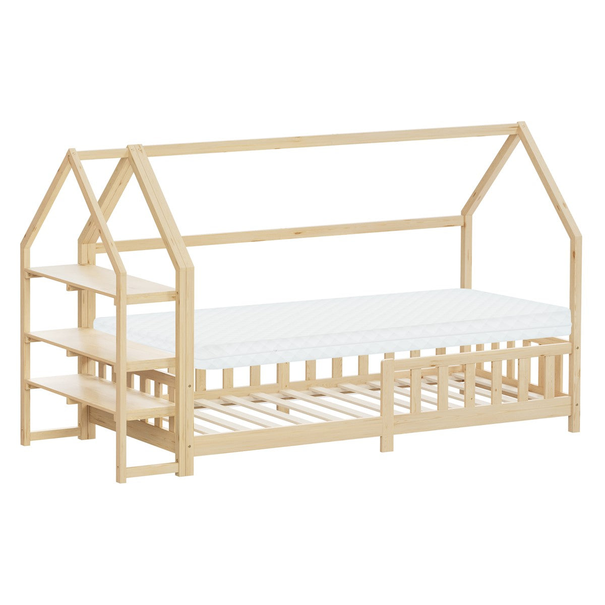 A wooden children's bed with a mattress and shelf on a light background.