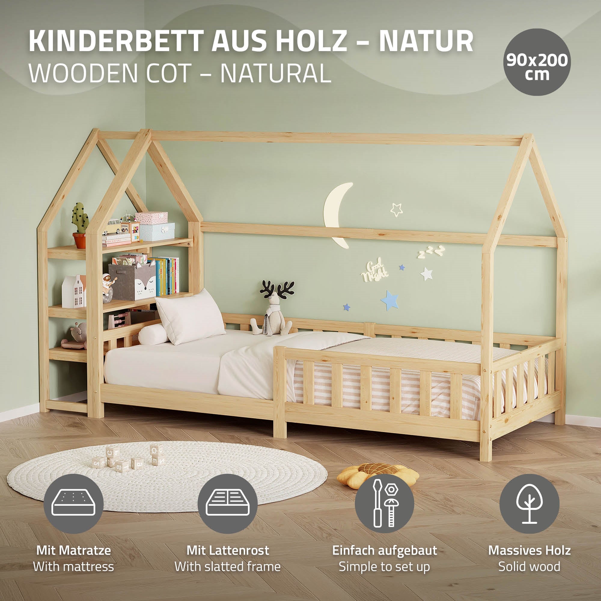 Holz-Kinderbett mit Matratze und Lattenrost.