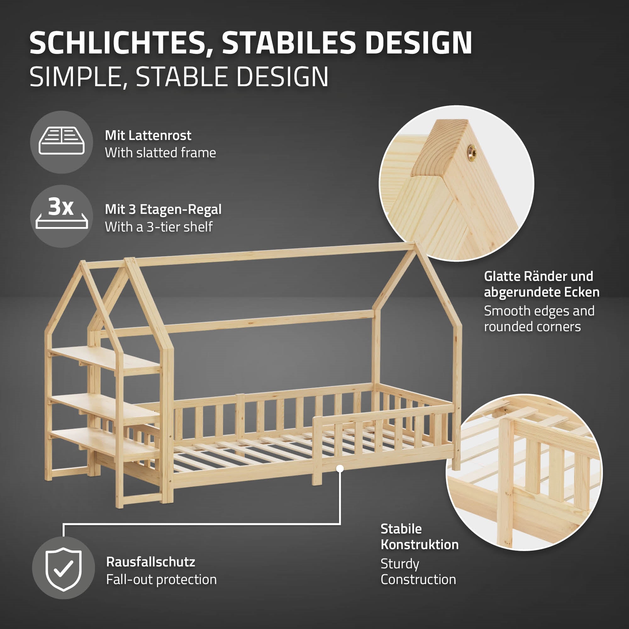 Grafik mit einem Bett, das ein schlichtes, stabiles Design zeigt, mit Rausfallschutz.