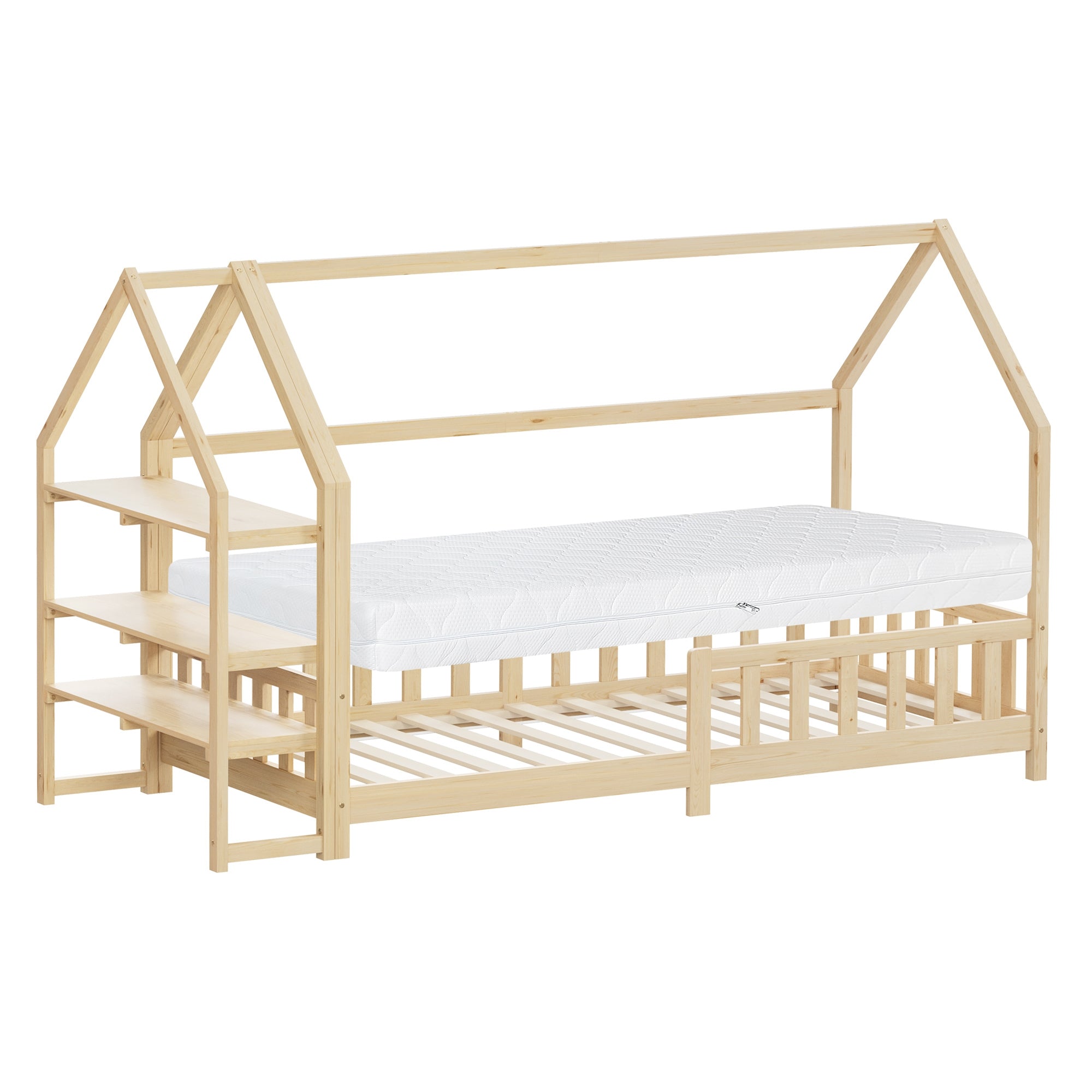 Ein Bett mit Hausdach aus Holz, mit Matratze und seitlichen Regalen.