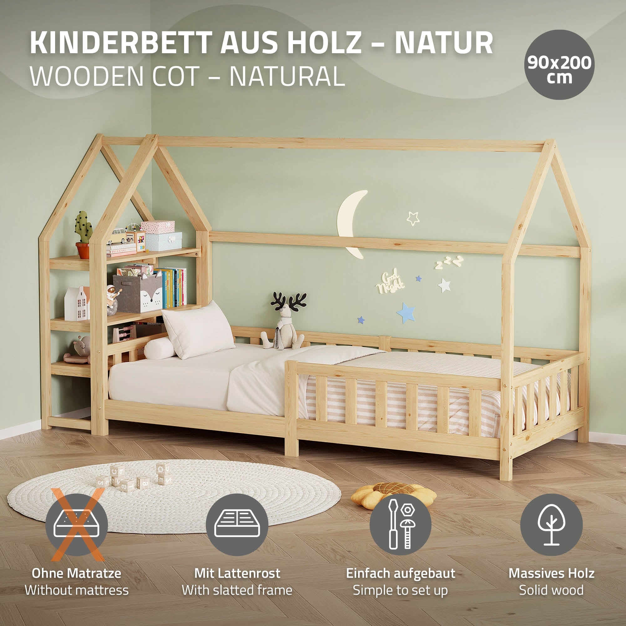Holz-Kinderbett mit Dach, Regal und ohne Matratze.