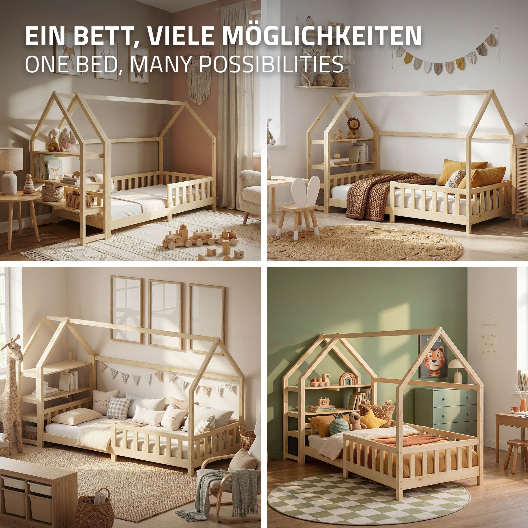 Vier Bilder von Betten in verschiedenen Designs und Farben in einem hellen Raum.