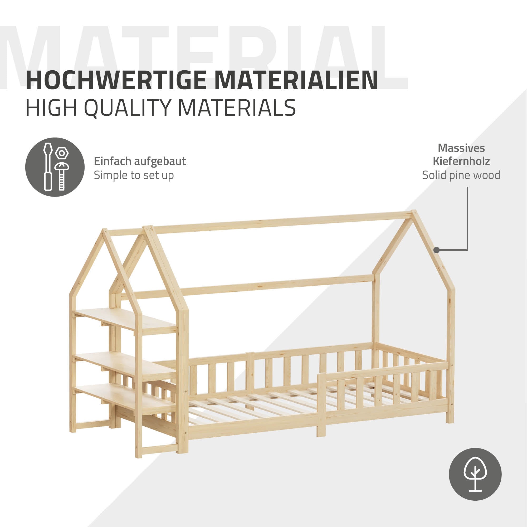 Ein Kinderbett aus massivem Kiefernholz mit Hausform und Regalen.