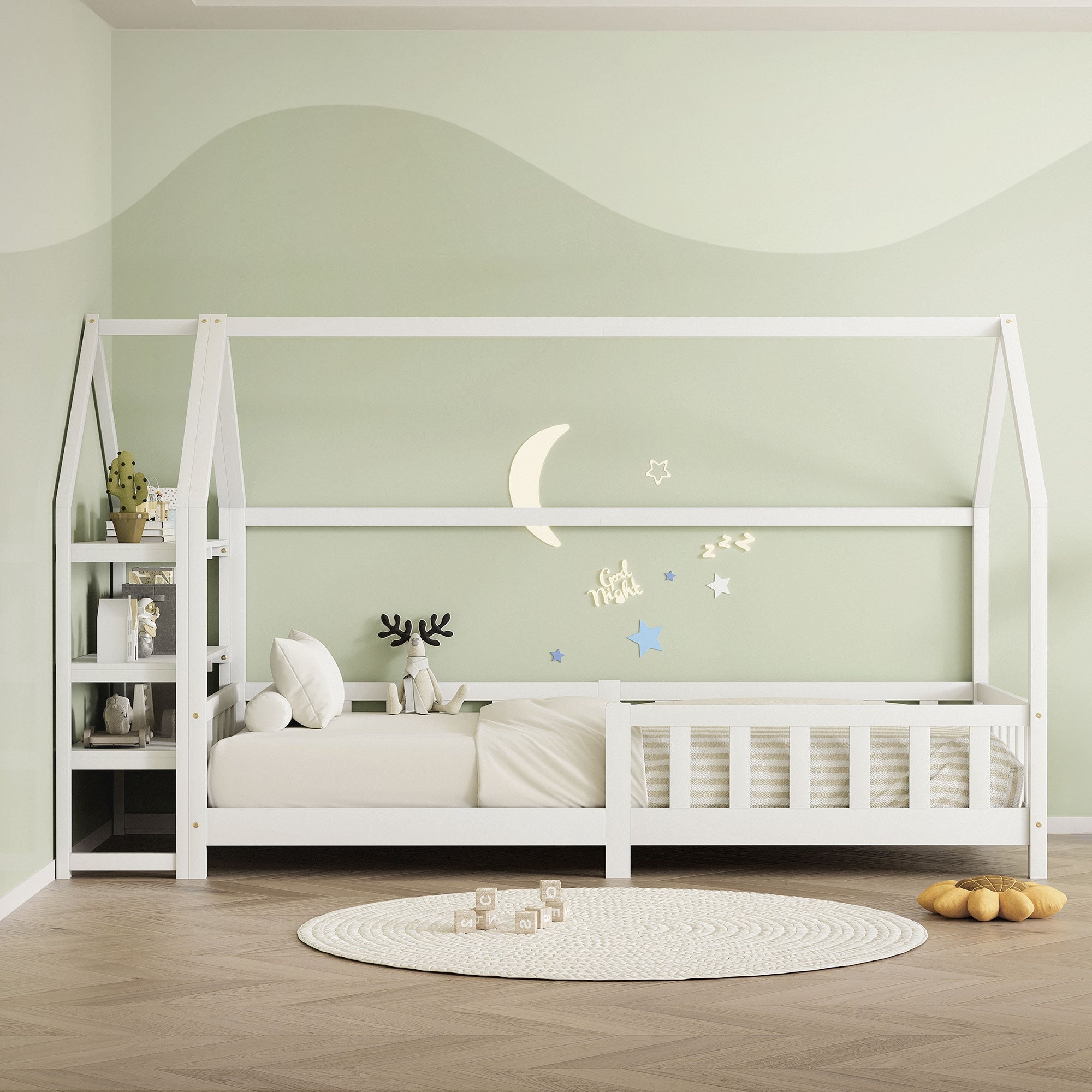 Weißes Kinderbett aus Holz, ohne Matratze, mit Wanddekoration und Teppich.