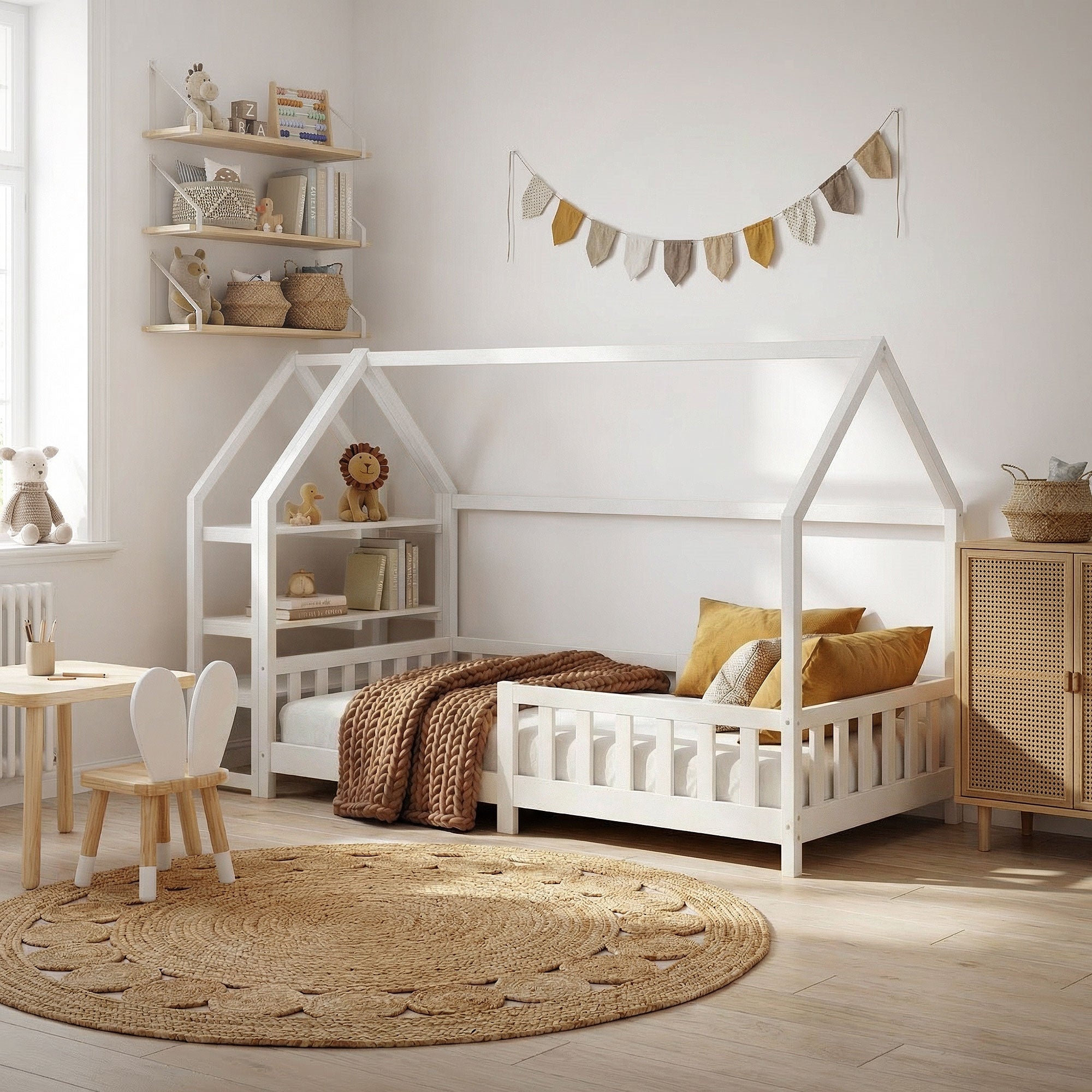 Ein Kinderbett in Form eines Hauses mit Dekoration.
