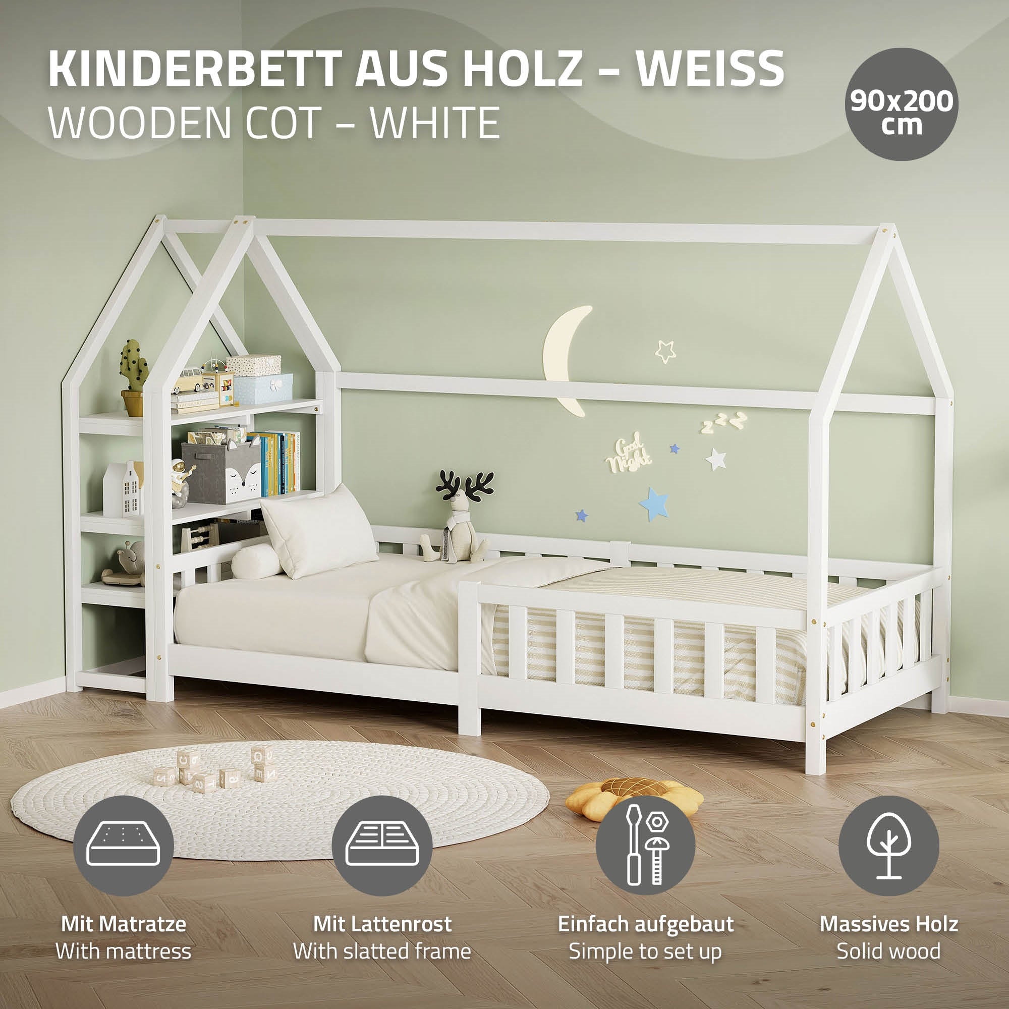 Weißes Kinderbett aus Holz mit Matratze und Lattenrost, 90x200 cm.