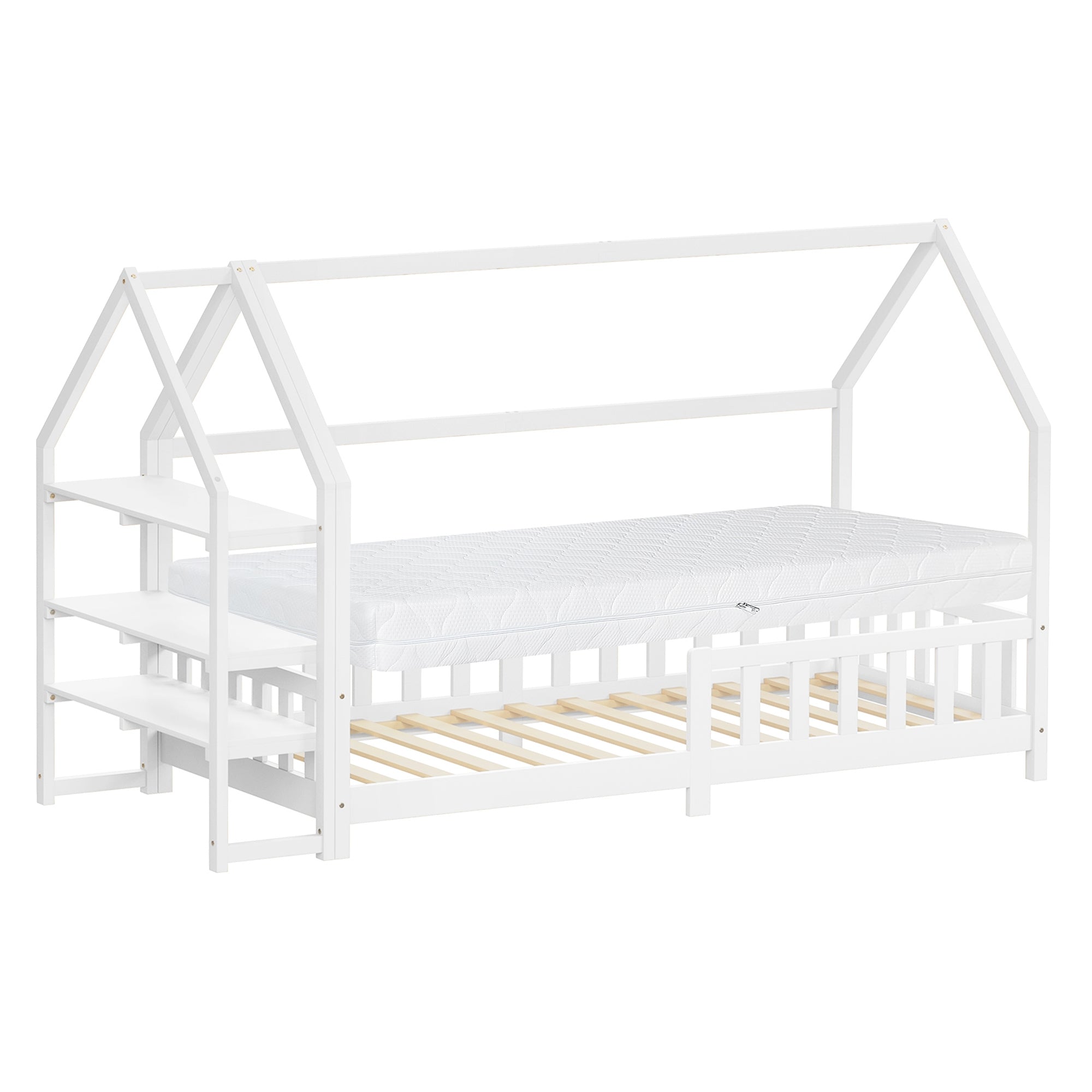 Ein weißes Kinderbett im Hausdesign mit Matratze und Lattenrost.