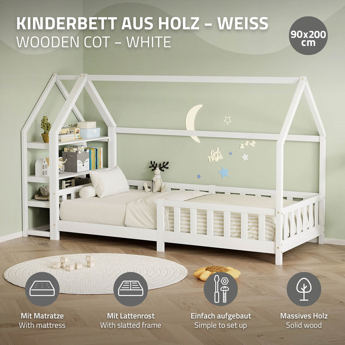 Valkoinen puinen lastensänky, jossa on patja ja kattorakenne.