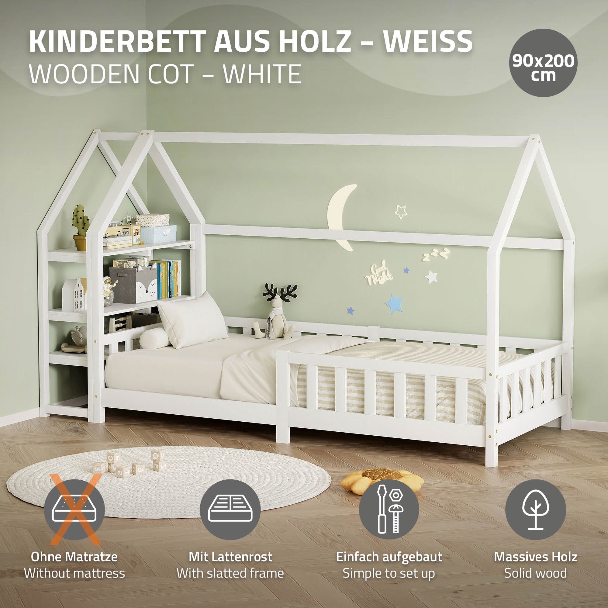 Weißes Kinderbett aus Holz mit Matratze und Lattenrost, 90x200 cm.