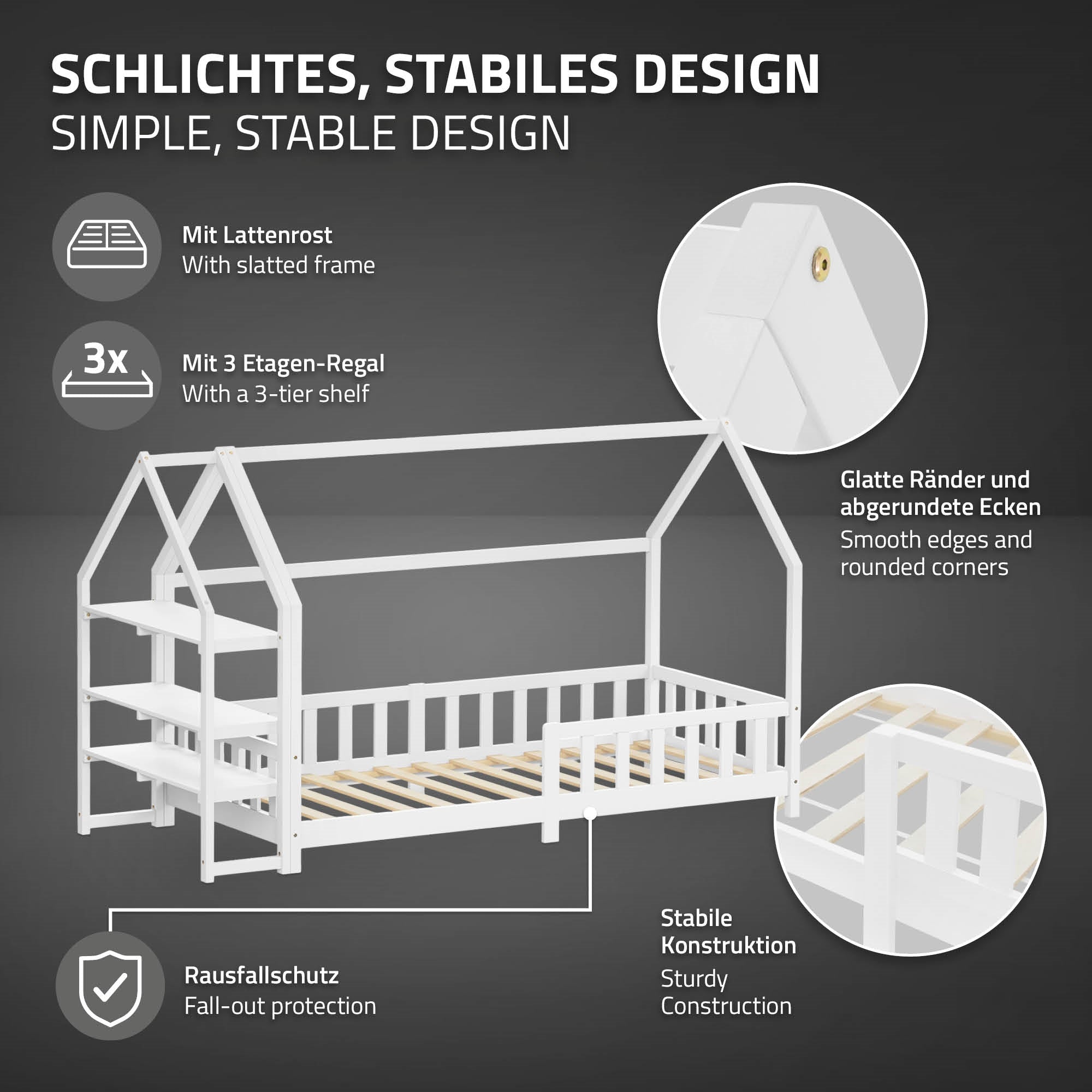 Weißes Kinderbett in Form eines Hauses mit stabiler Konstruktion.