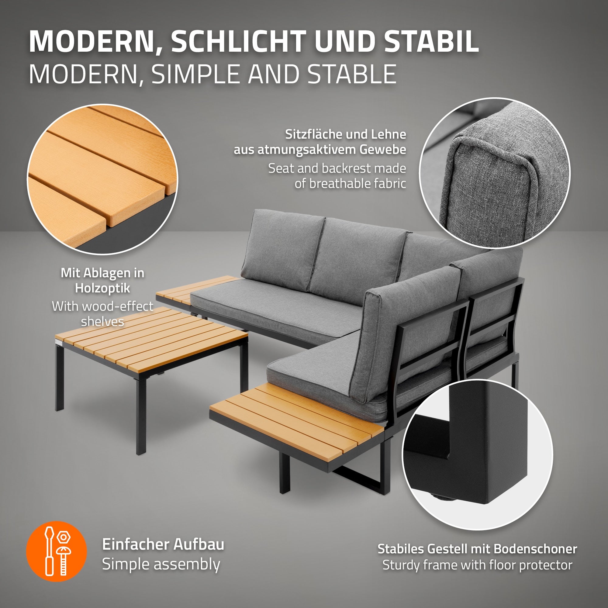 Un canapé moderne avec étagères en bois et pieds en métal robustes dans un design minimaliste.