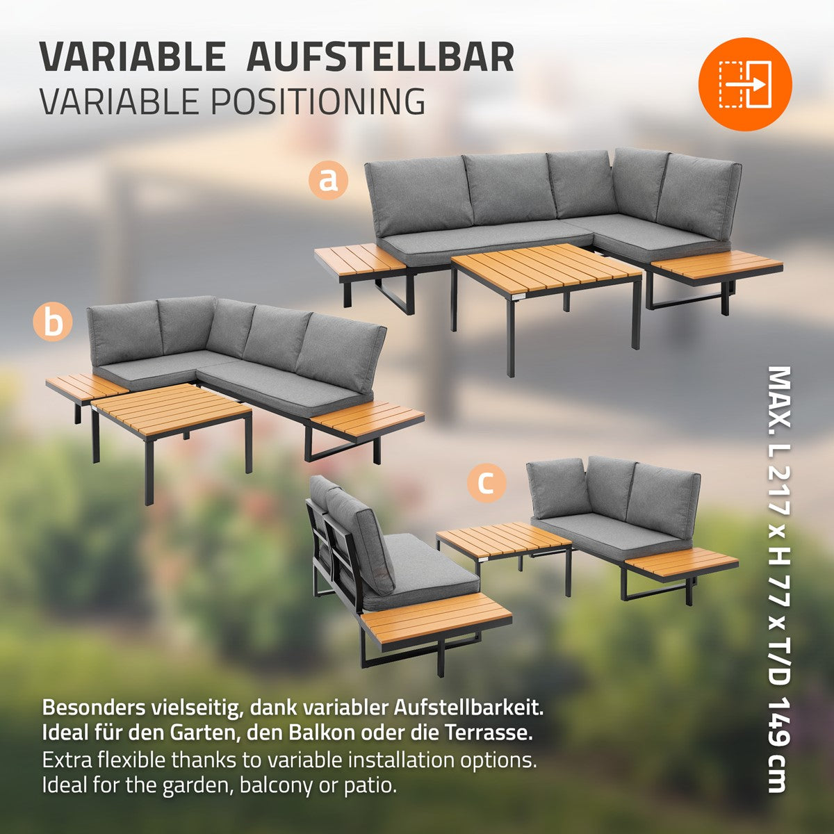 Ensemble de meubles de jardin avec disposition variable et coussins gris.